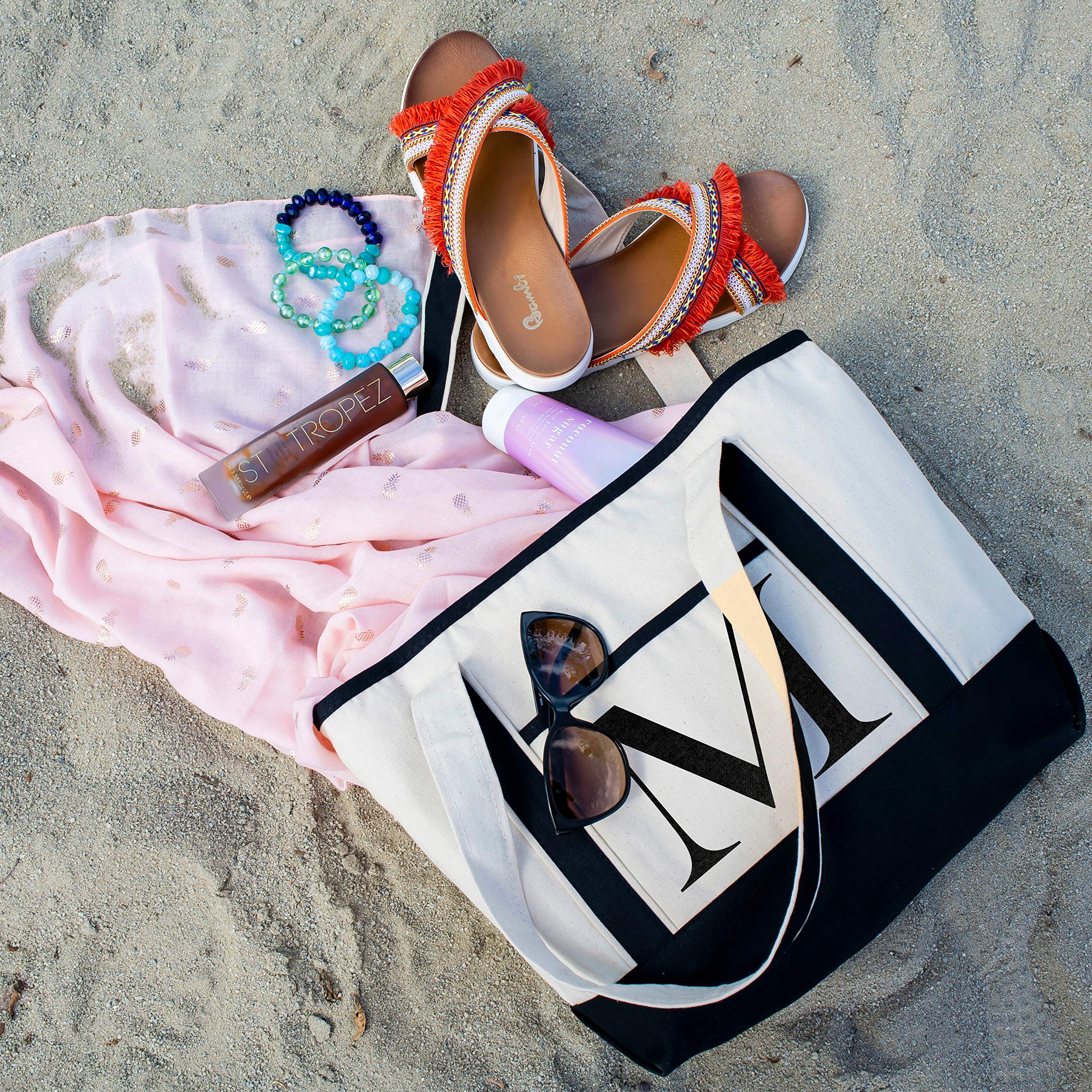 Personalized Black Linen Canvas Tote Bag with Monogram - Stylish & Durable for Beach, Gym, Yoga, Work, Travel & Everyday Use