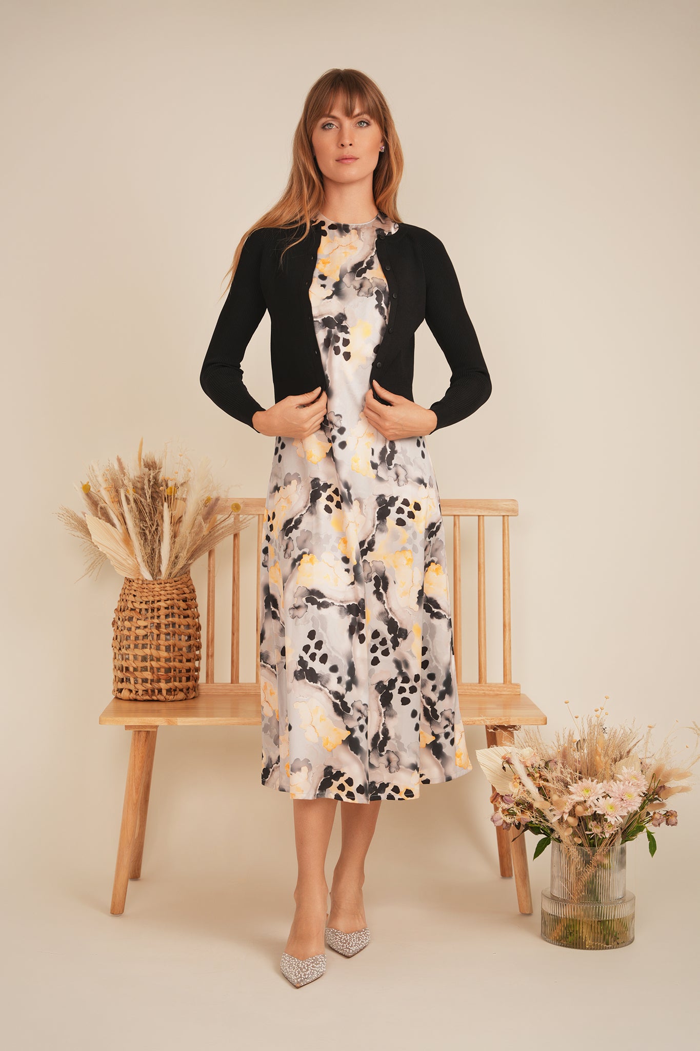 Printed Satin A-Line Jumper Dress for Women - Elegant Floral Pattern Party & Casual Wear