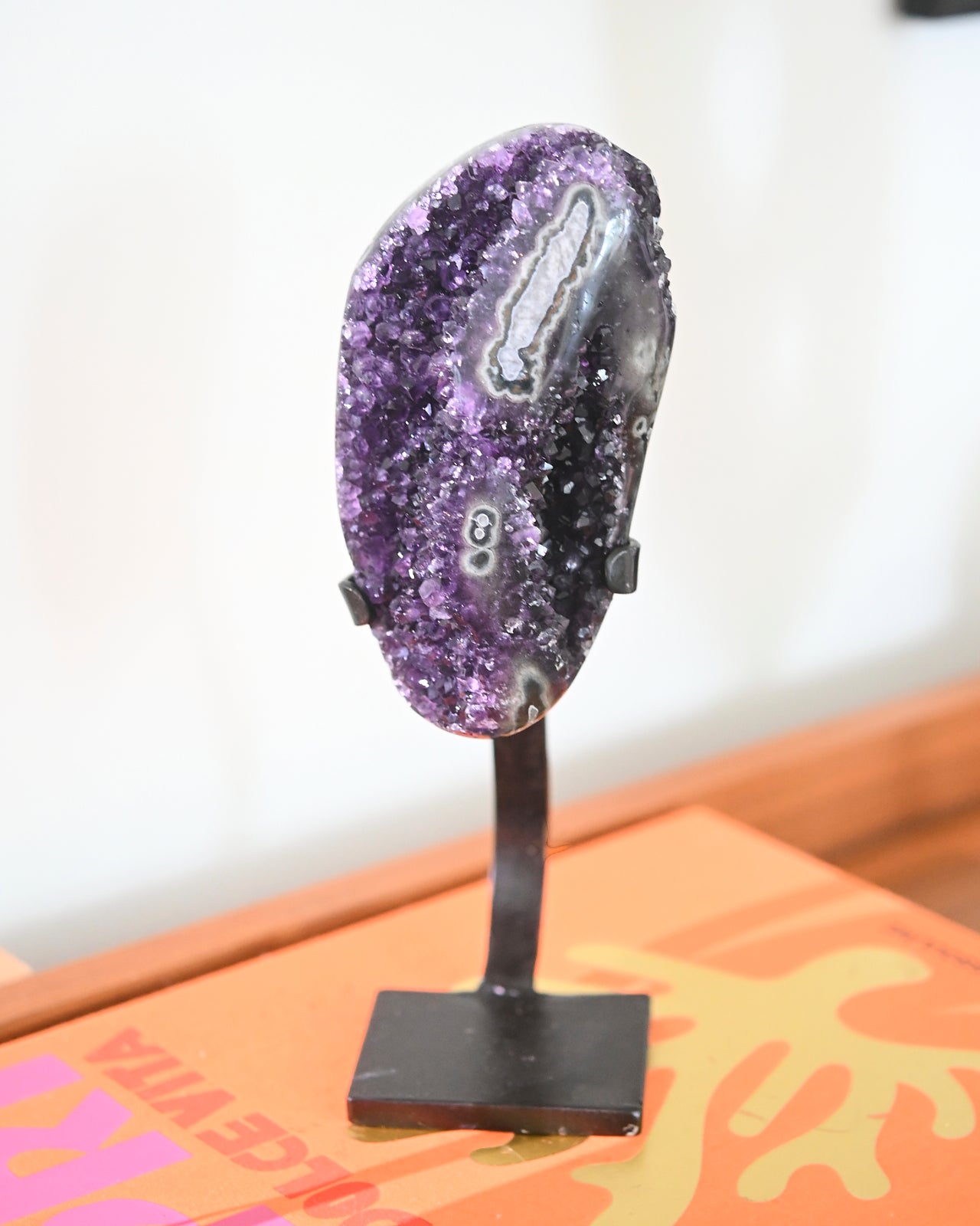 Natural Amethyst Crystal Geode on Wooden Stand - 3lbs Healing Stone for Home Decor, Meditation & Spiritual Gifts