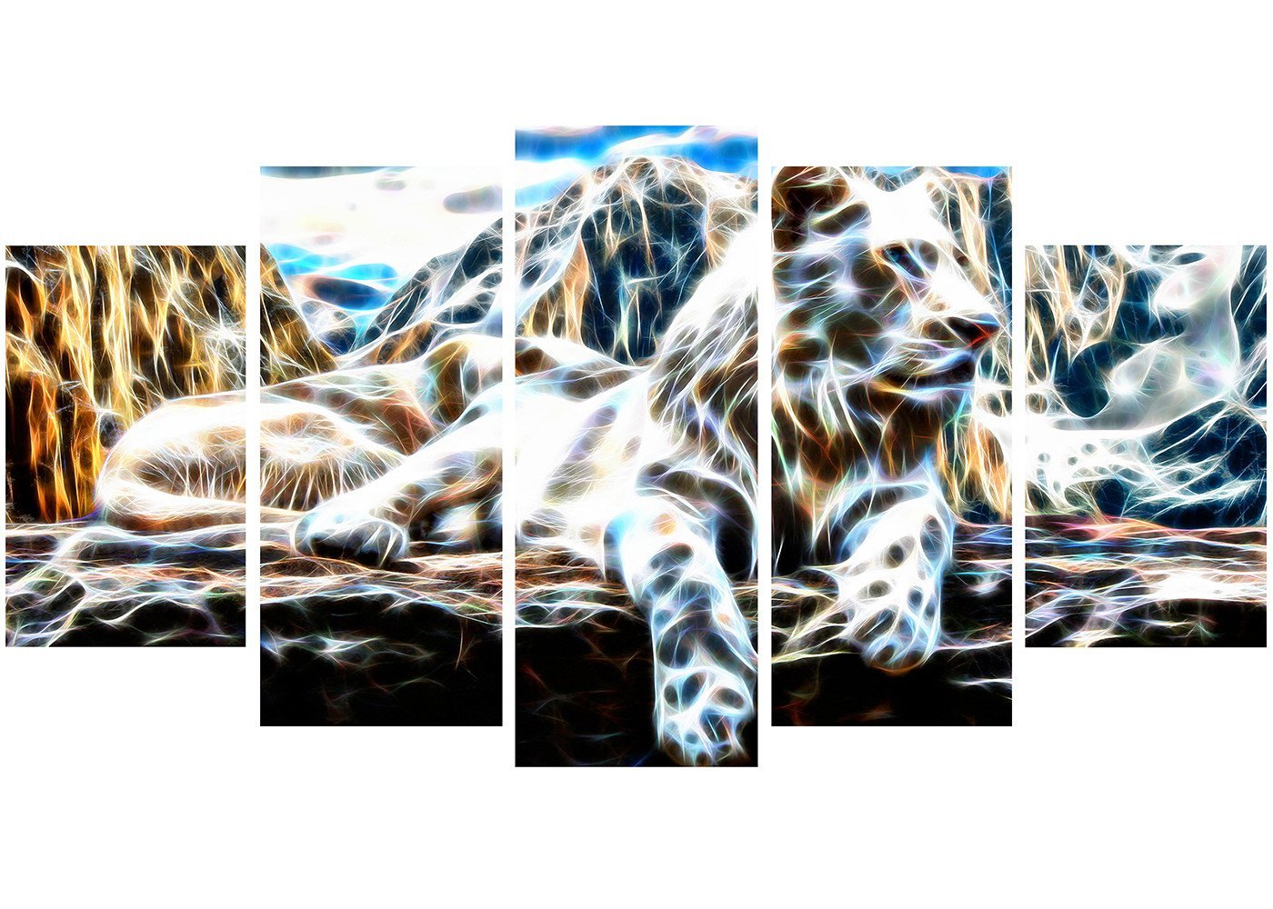 Designart White Tiger Metal Wall Art - 5 Panel Modern Home Decor (32'' H x 60'' W x 1'' D) - Perfect for Living Room, Bedroom & Office Wall Decor