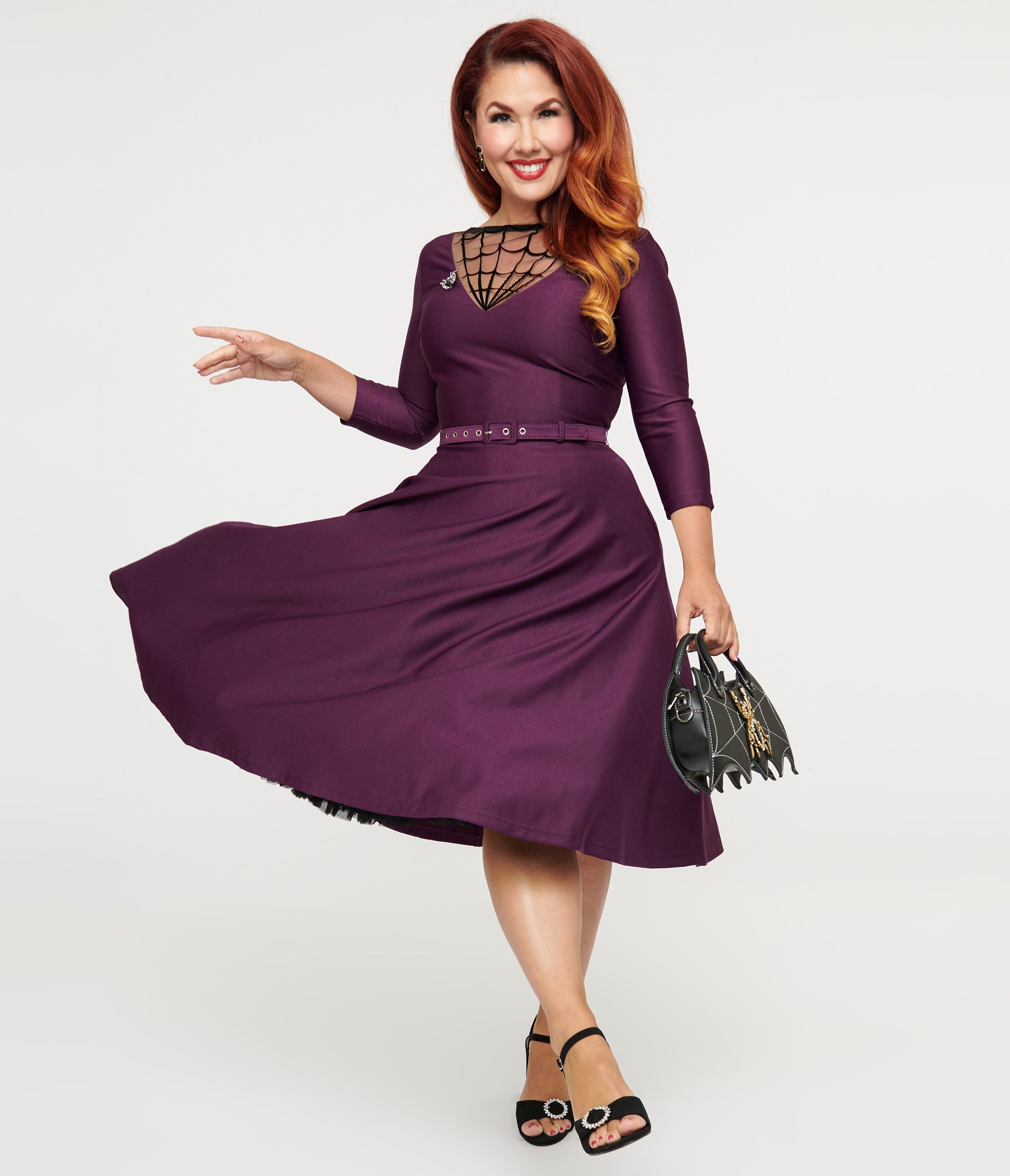 Vintage 1950s Eggplant & Black Spiderweb Swing Dress - Retro 50s Style Devon Dress for Women | Perfect for Halloween Costumes, Vintage Parties & Pinup Fashion