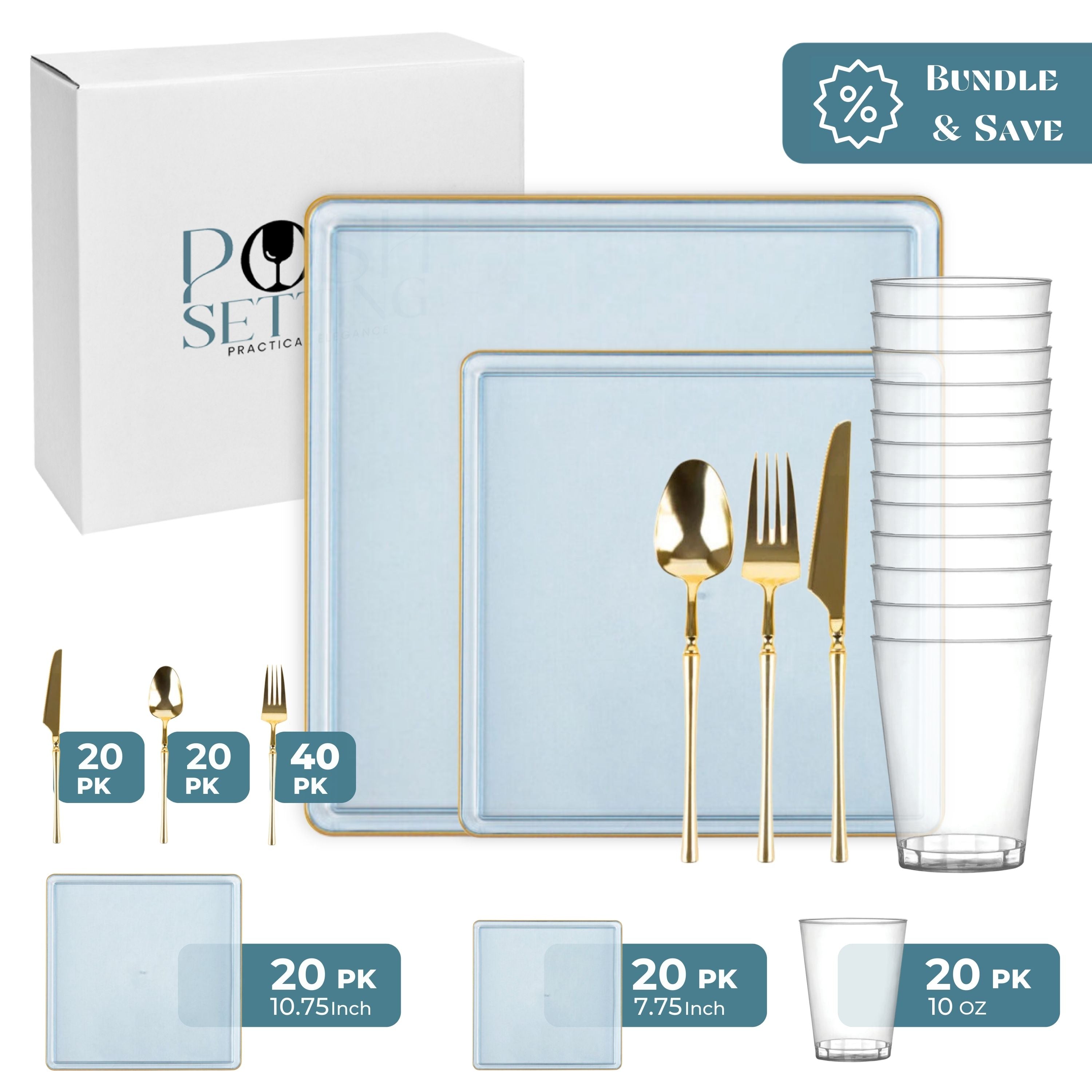 Blue and Gold Plastic Party Bundle - Square Edge Party Plates, Cups & Napkins for Birthday, Wedding & Holiday Celebrations