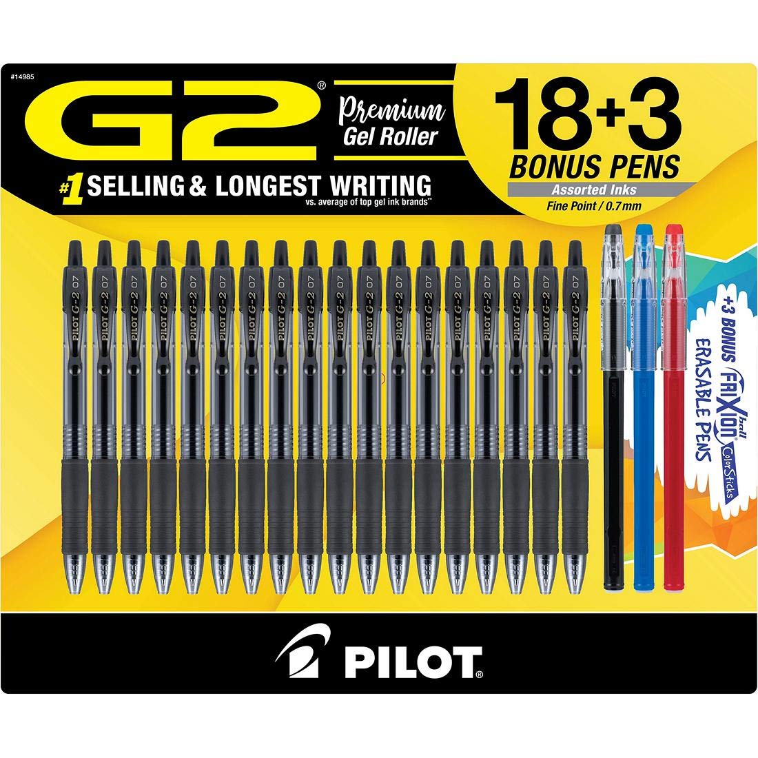 Pilot G2 Gel Ink Pens 18-Pack Black with 3 Bonus FriXion ColorSticks Erasable Gel Pens - Perfect for Office, School & Note-Taking