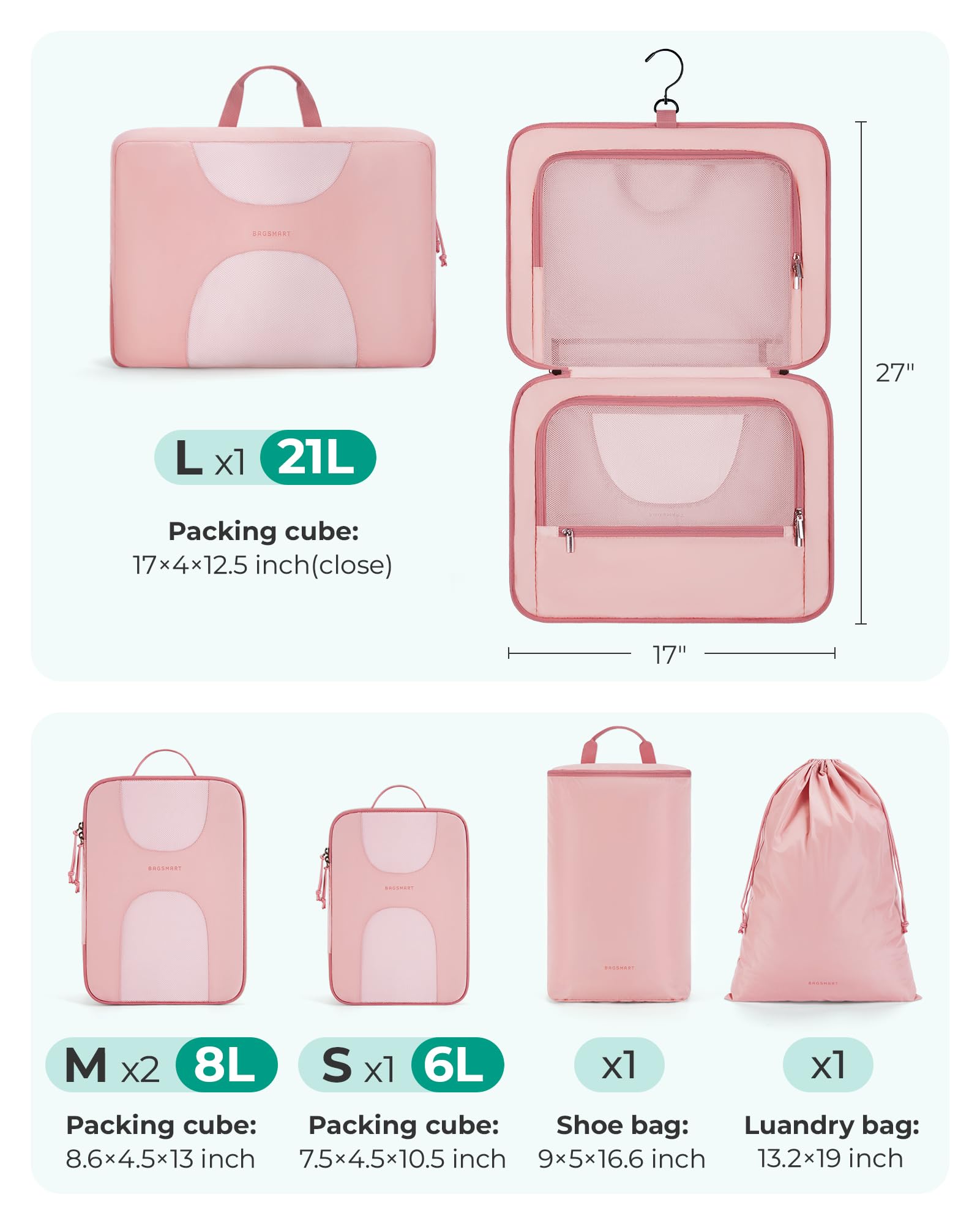 BAGSMART 6-Piece Hanging Travel Packing Cubes Set - Large Luggage Organizers for Women, Cruise Ship Essentials & Suitcase Organization - Perfect for Business Trips, Vacations & Weekend Getaways