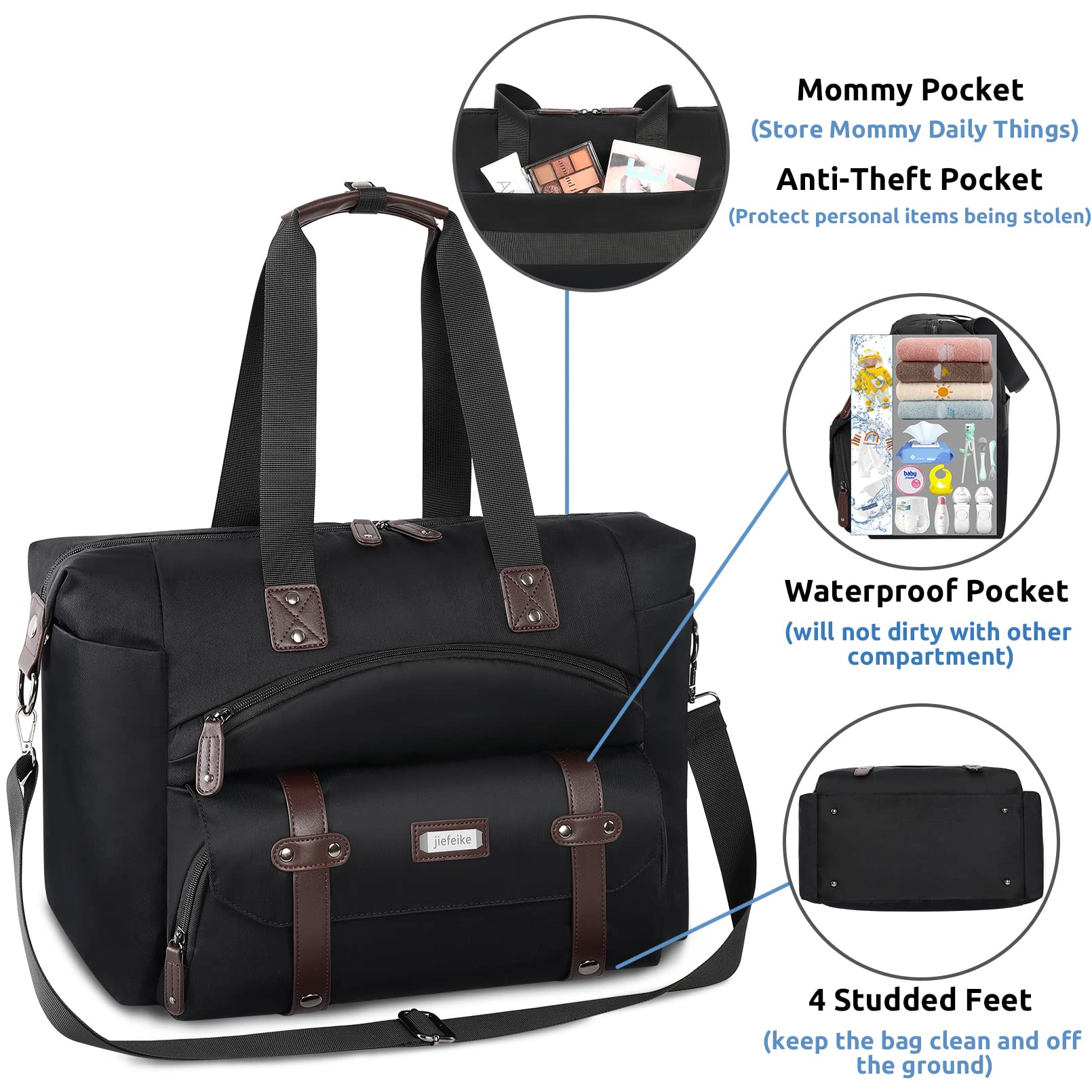 Jiefeike Black Diaper Bag with Changing Pad - Large Anti-Theft Travel Tote for Parents - Perfect for Hospital & Weekend Trips