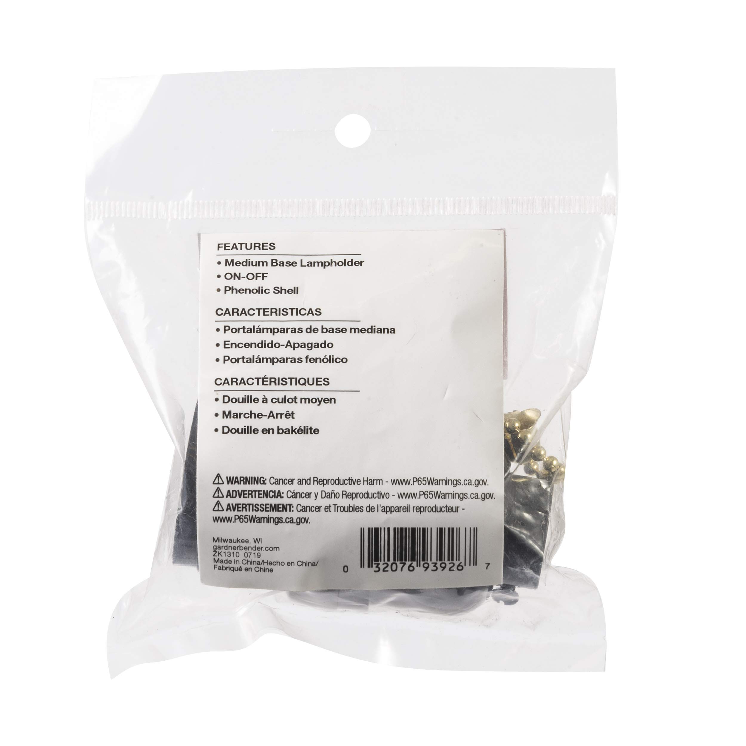Gardner Bender GLS-50 Pull Chain Light Socket with On/Off Switch - Durable Phenolic Shell, Black - Perfect for Ceiling Fans, Pendant Lights & Home Lighting Fixtures