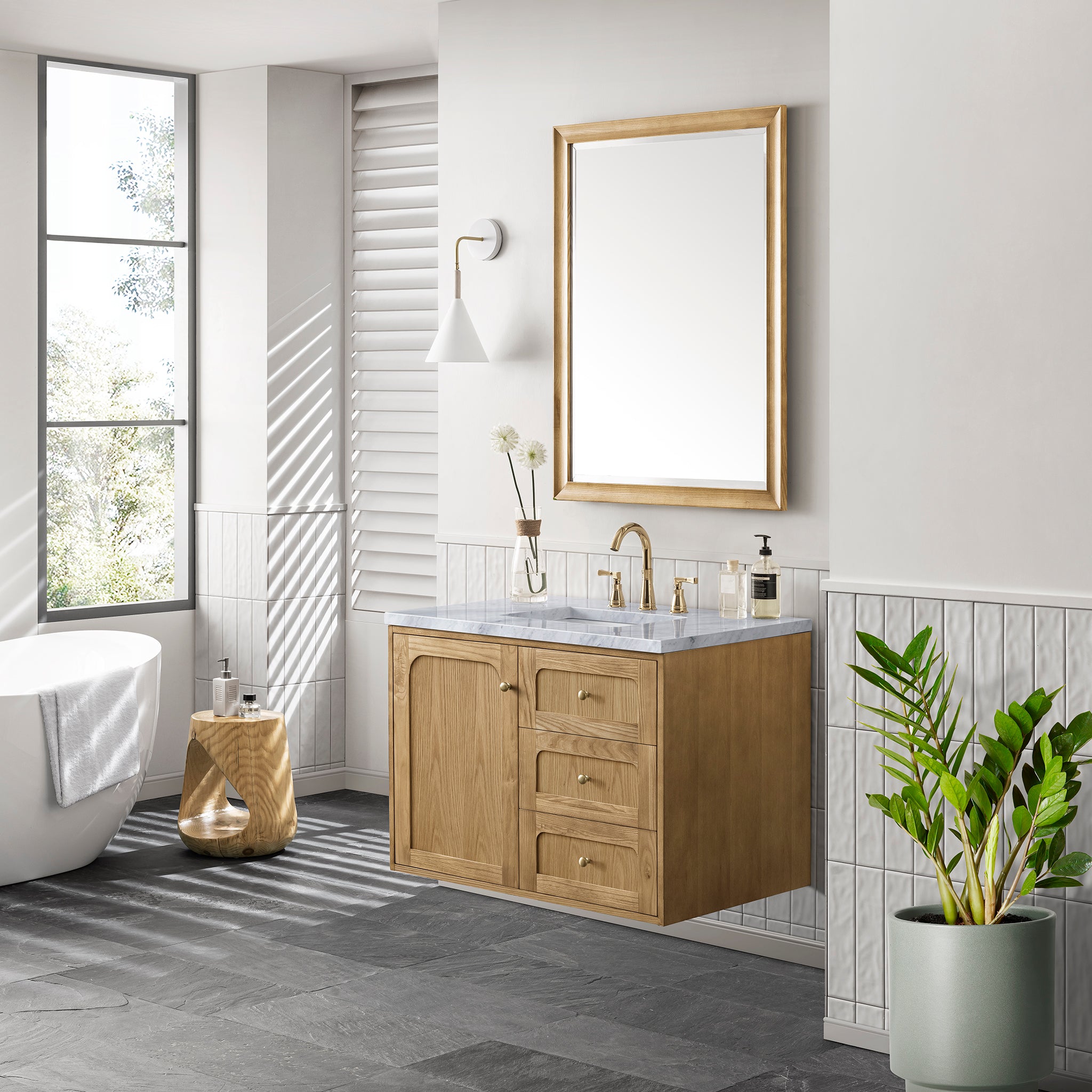 Laurent 36 Inch Single Bathroom Vanity with Light Natural Oak Finish & 3CM Carrara Marble Top - Perfect for Modern Master Bathrooms, Guest Baths & Small Space Remodels