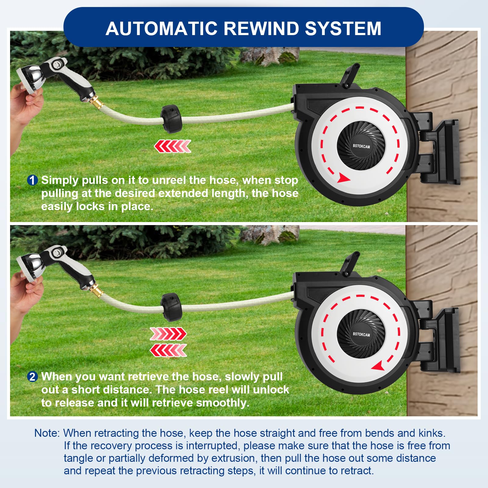 BSTOKCAM 100 ft Retractable Garden Hose Reel - 1/2 Inch Heavy Duty Automatic Rewind Hose Storage with Nozzle - Perfect for Lawn Care, Car Washing & Outdoor Watering