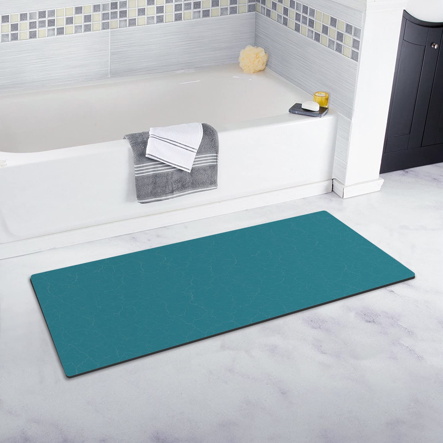 GOYLSER Super Absorbent Thin Bathroom Rug Mat - Non-Slip Quick Dry Low Profile Bath Runner with Rubber Backing - Machine Washable Shower & Toilet Floor Mat (Blue) - Perfect for Bathroom, Shower, and Vanity Areas
