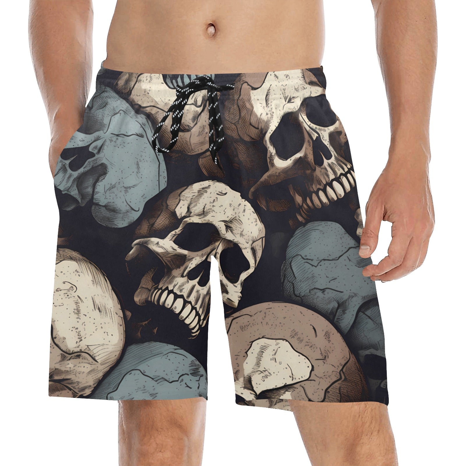 Stylish Gray and White Skull Print Beach Shorts for Men - Comfortable Swim Trunks for Summer, Pool Party, and Vacation