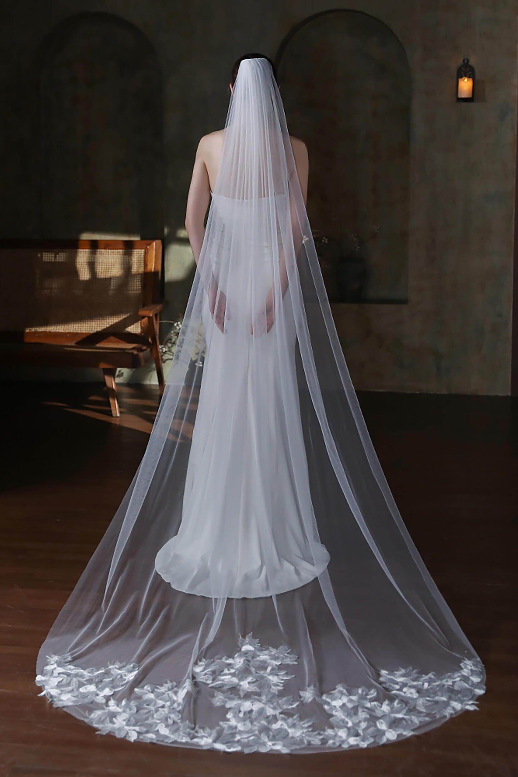 Elegant One-Tier Lace Edge Tulle Chapel Wedding Veil with Appliques CV0316 - Perfect for Bridal Ceremonies, Church Weddings & Formal Occasions