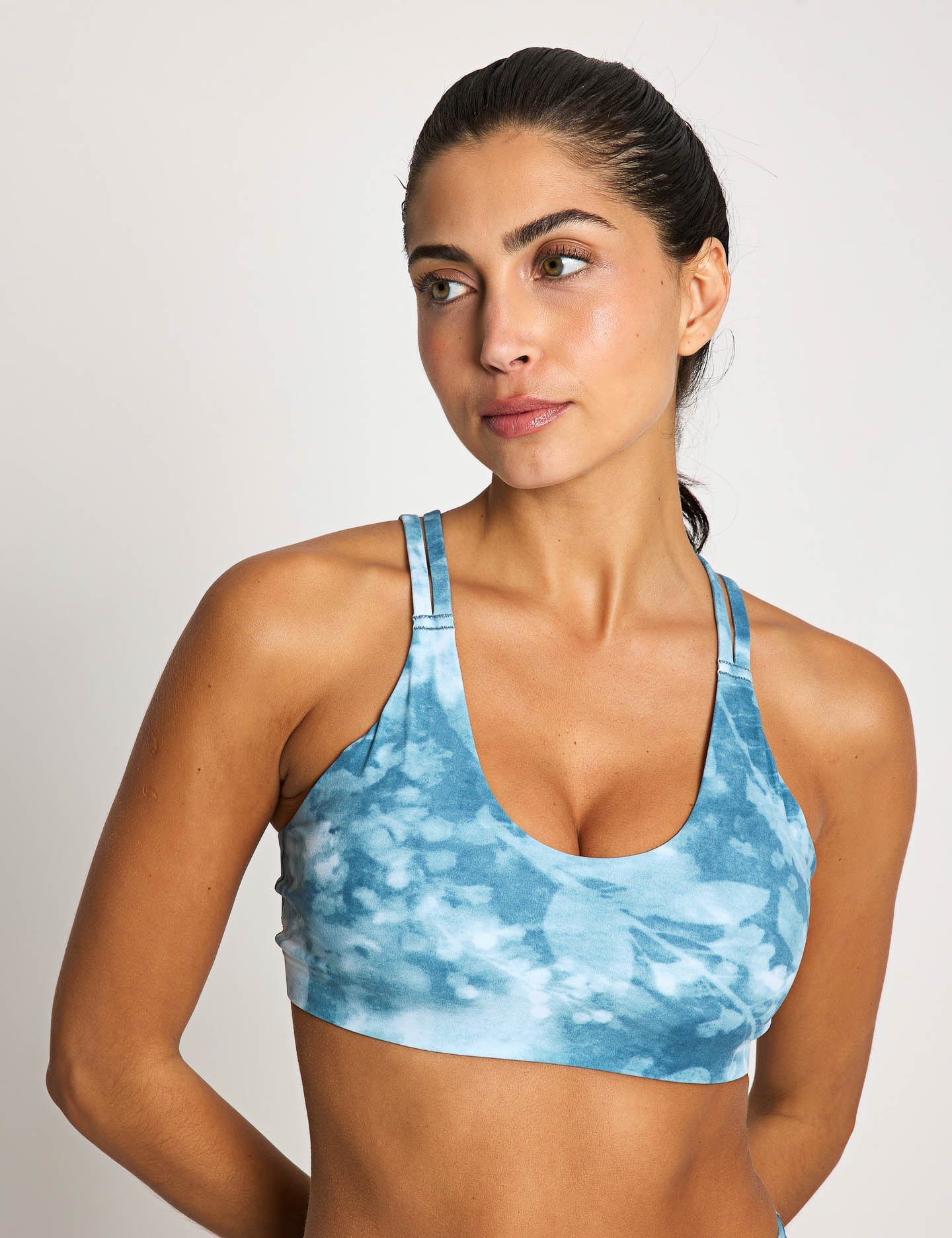 Zenvy Light Support Printed Sports Bra - Smokey Blue/White | Breathable Workout Top for Yoga, Running & Gym | Comfortable Athletic Wear for Women