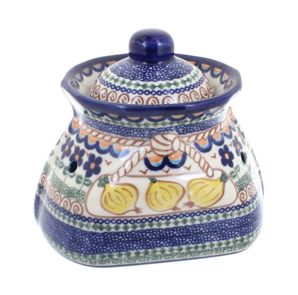 Handmade Blue Rose Polish Pottery Aztec Flower Design Small Garlic Keeper - Perfect for Kitchen Storage & Countertop Decor