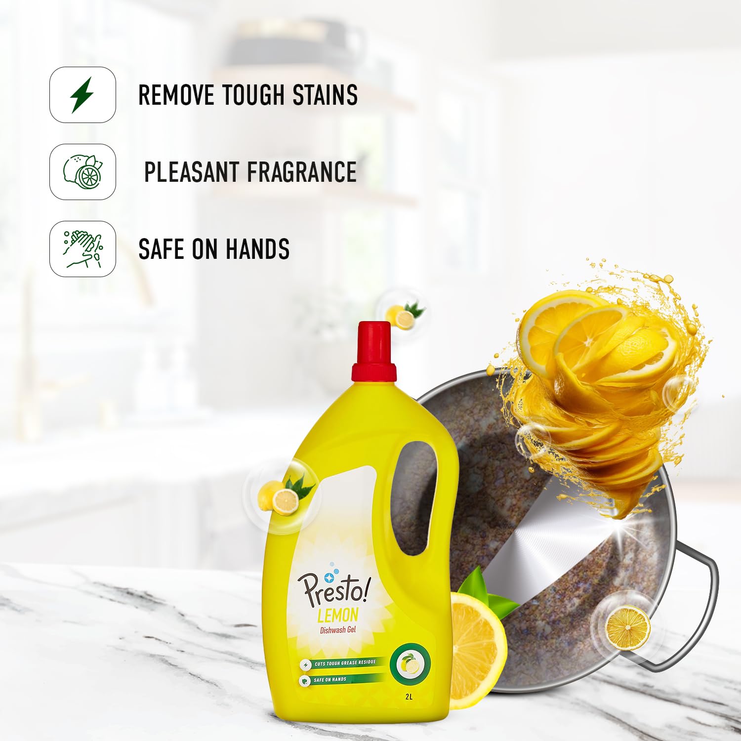 Presto! Lemon Dishwashing Gel - 2 Liter | Safe on Hands | Powerful Grease Cleaner for Pots, Pans & Utensils | Ideal for Kitchen, Camping & RV Use