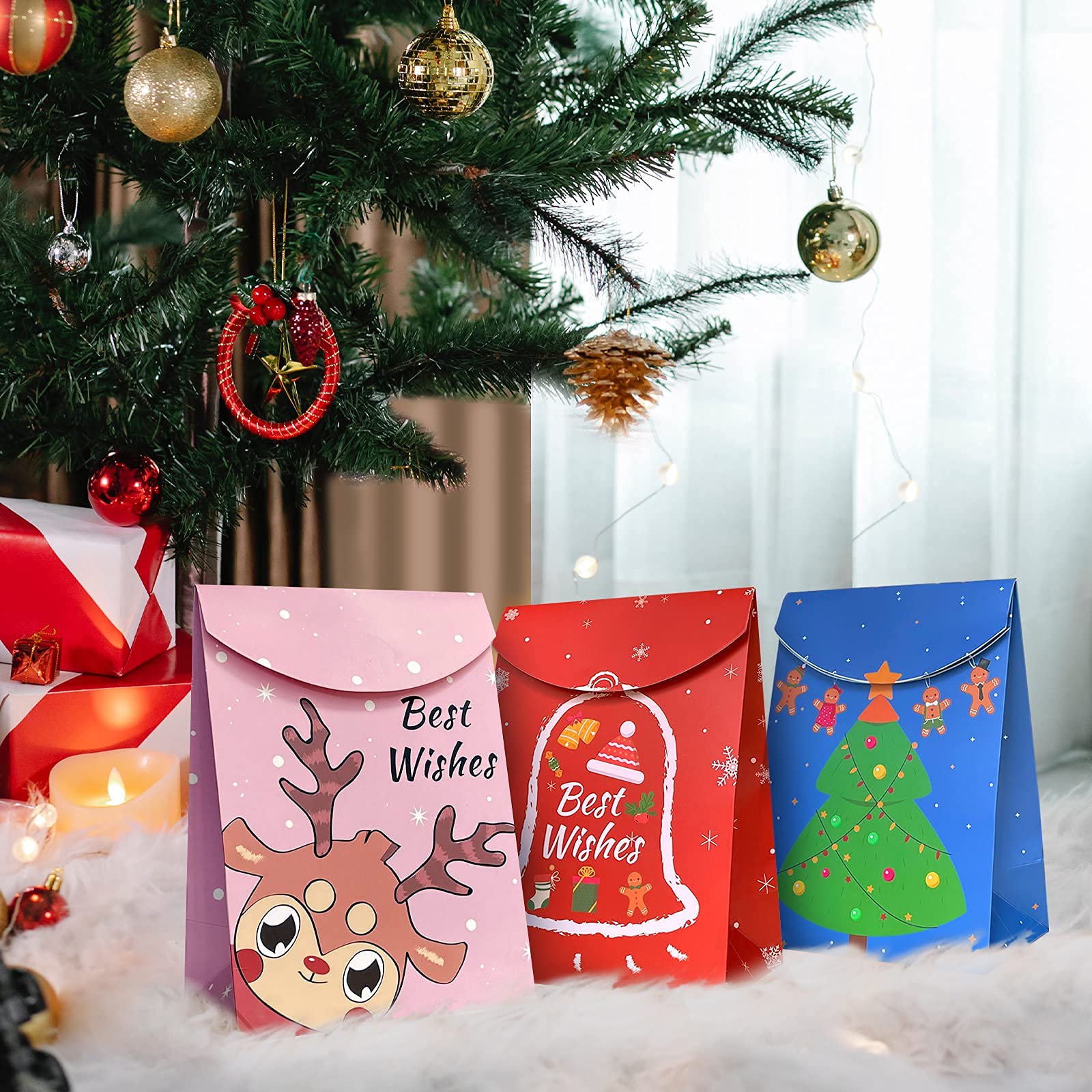 12-Piece Small Christmas Gift Bags with Magic Tape - Durable Xmas Treat Bags for Cookies, Candies & Gifts - Perfect for Holiday Parties, Stocking Stuffers & Festive Gift Giving