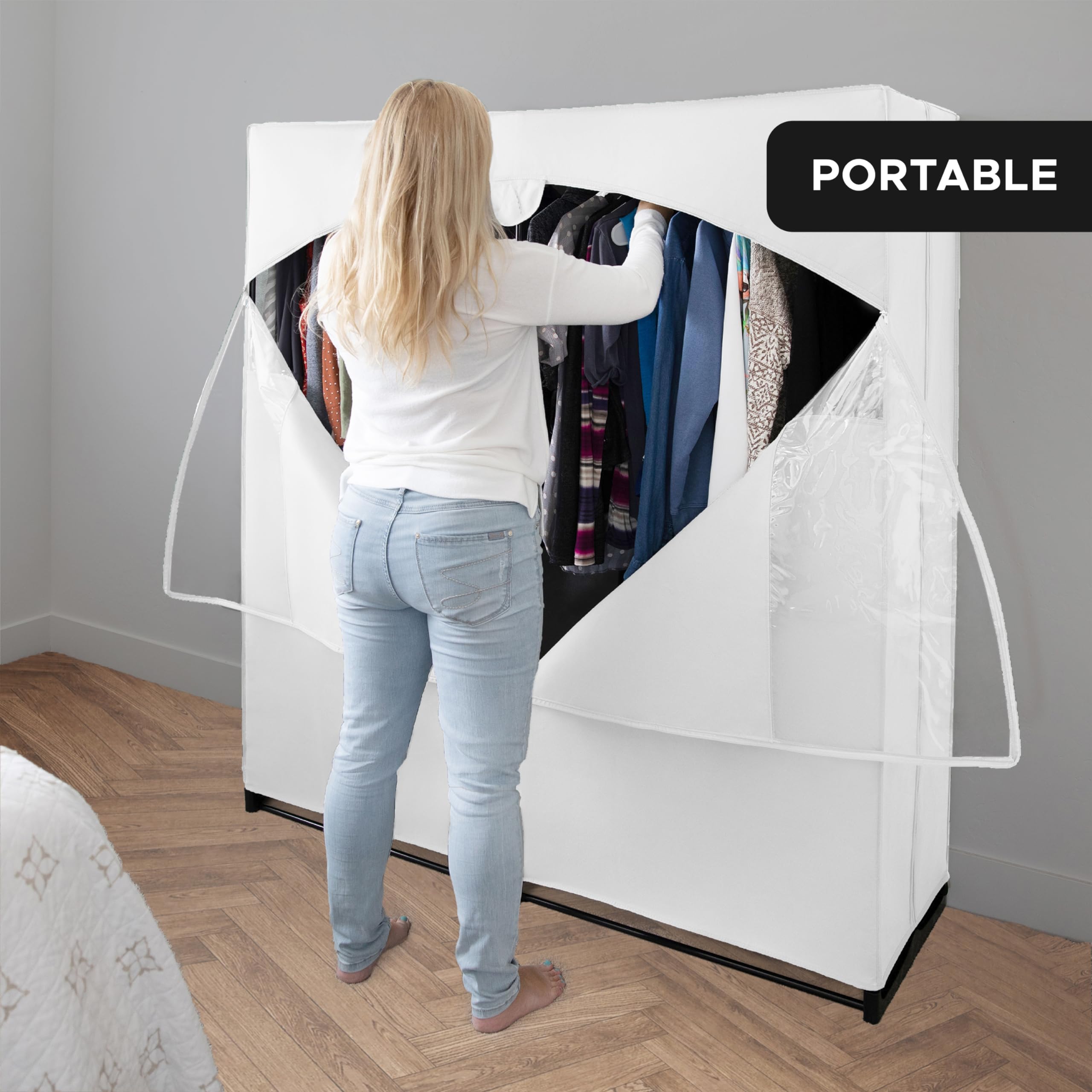 Premium Heavy Duty Portable Wardrobe Closet with Metal Hanging Rod & White Cover - 50 Lb Capacity - Easy No-Tool Assembly for Travel, Camping & Temporary Storage
