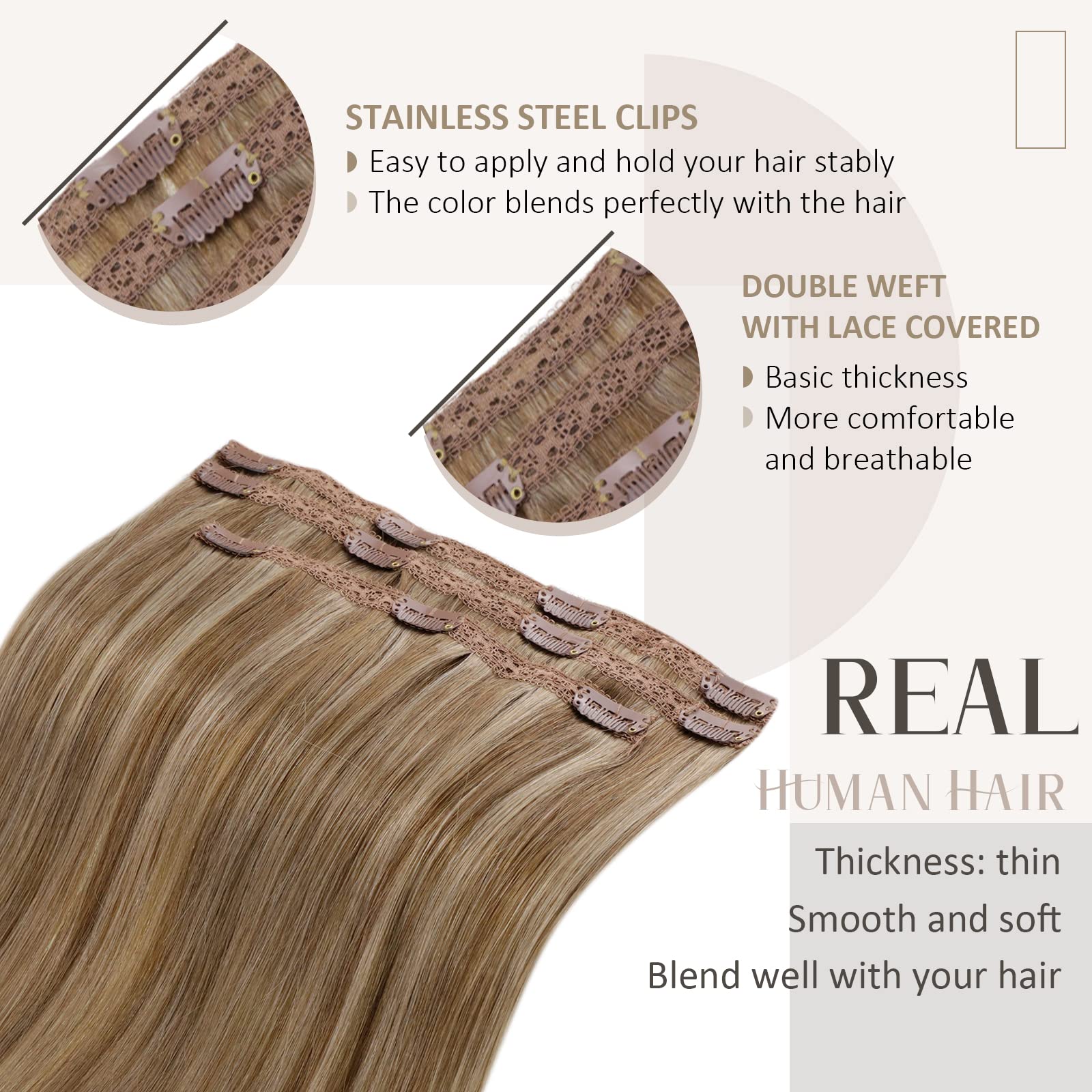 Clip-In Human Hair Extensions - Dark Blonde & Honey Blonde Mix - 9pc & 3pc Set - 12 Inch Length - Real Human Hair for Volume & Length - Perfect for Parties, Weddings & Daily Styling