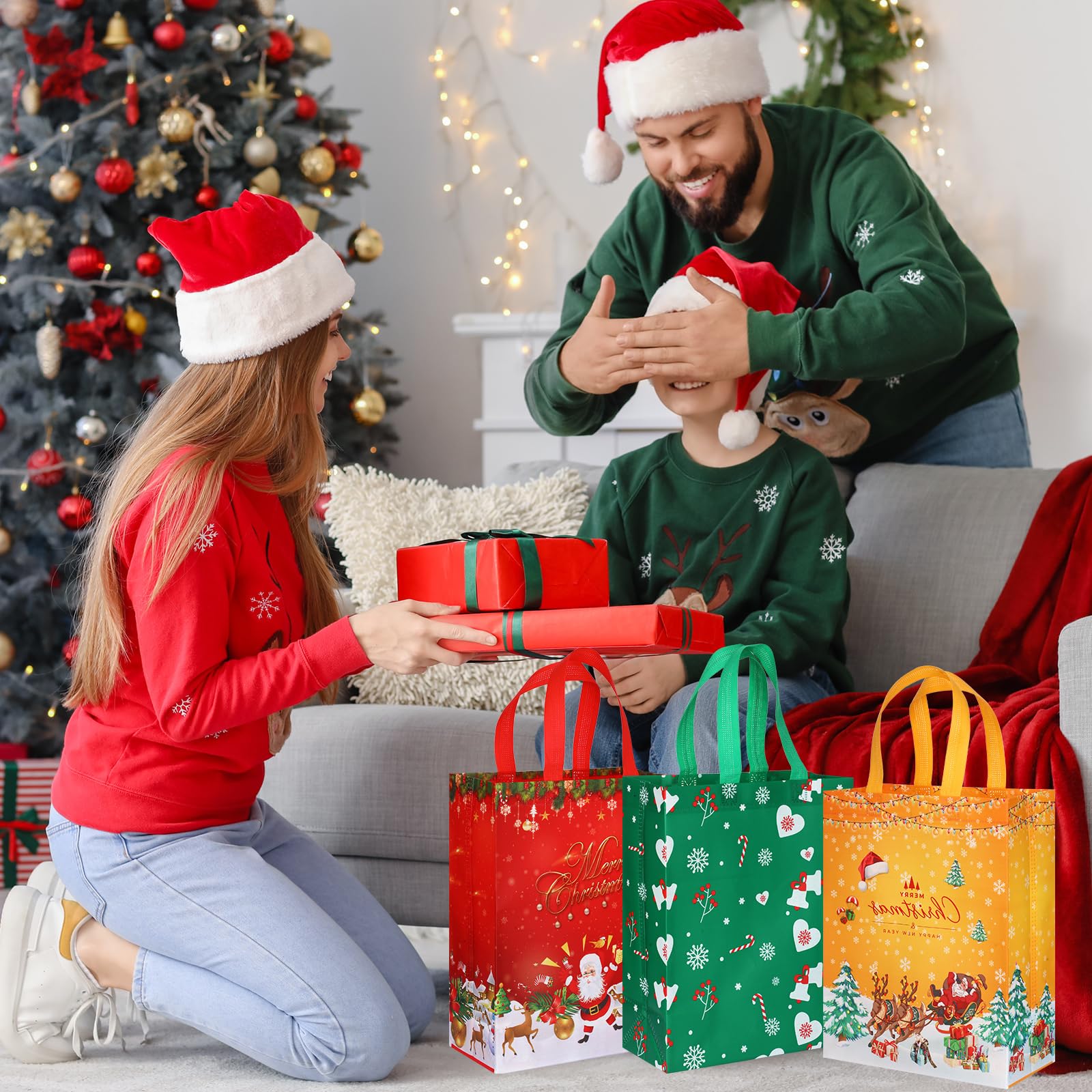 60 Pack Christmas Gift Bags Bulk - Reusable Holiday Tote Bags with Handles for Xmas Treats, Party Favors & Shopping - Non-Woven Festive Gift Bags for Christmas, Holidays & Special Occasions