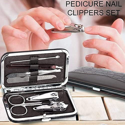 KREZON 7-in-1 Stainless Steel Manicure & Pedicure Kit for Men & Women - Nail Clippers, Grooming Tools, Acne Needle, Nail Files with Leather Case - Perfect for Travel, Home & Salon Use