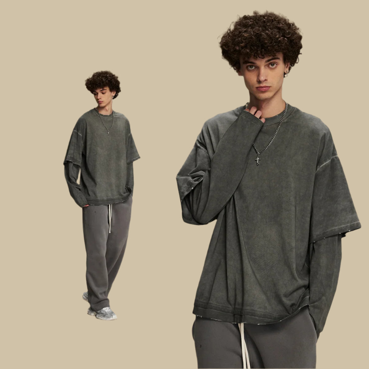 American Style Men's Long Sleeve T-Shirt - Round Neck Washable Faux Two-Piece Design Solid Color Loose Fit Casual Tee for Everyday Wear, Street Style & Layering