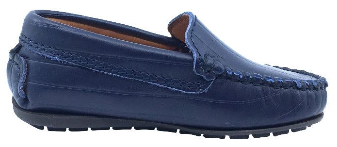 **Boys & Girls Leather Moccasin Loafers with Embossed Stripes - Navy Blue | Comfortable Kids' Slip-On Shoes for School, Casual Wear & Special Occasions**