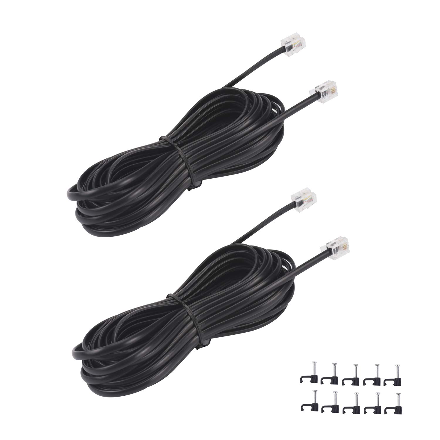 25FT Telephone Extension Cord Cable with RJ11 6P4C Plugs - 2 Pack Black Landline Phone Line Wire Includes Cable Clips - Perfect for Home Office, Business Phones & Fax Machines