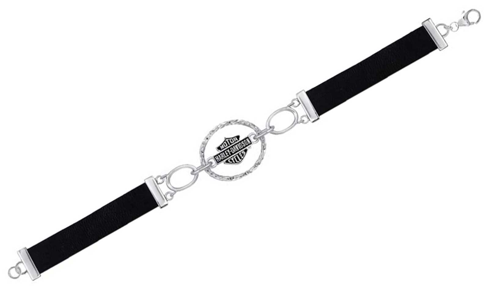 Harley-Davidson Women's Black Hammered Link Bracelet with Genuine Leather - HDB0390 | Stylish Biker Jewelry for Motorcycle Enthusiasts & Everyday Wear