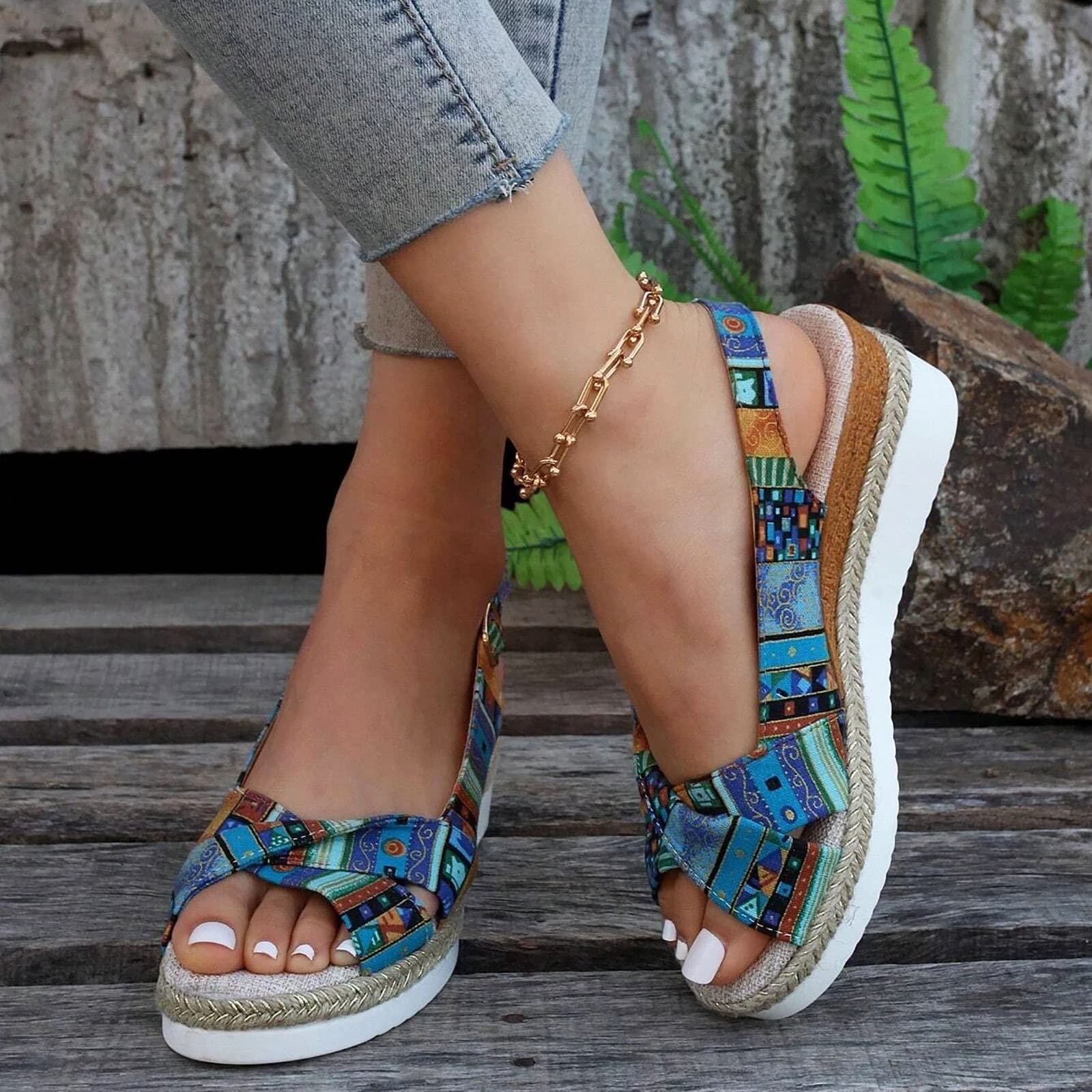 EMRELOD Women's Comfortable Orthopedic Wedge Sandals - Platform Espadrille Summer Shoes with Ankle Strap, Low Heel & Strappy Design for Beach, Walking, and Casual Outfits (Blue, Size 7.5)