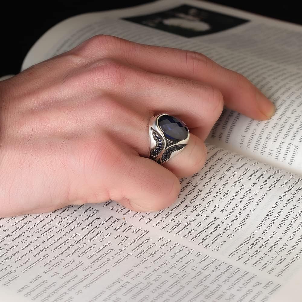 925 Sterling Silver Men's Ring with Genuine Sapphire Gemstone - Handmade Engraved Minimalist Band for Men (Size 14.5) - Perfect Gift for Anniversary, Wedding & Everyday Wear