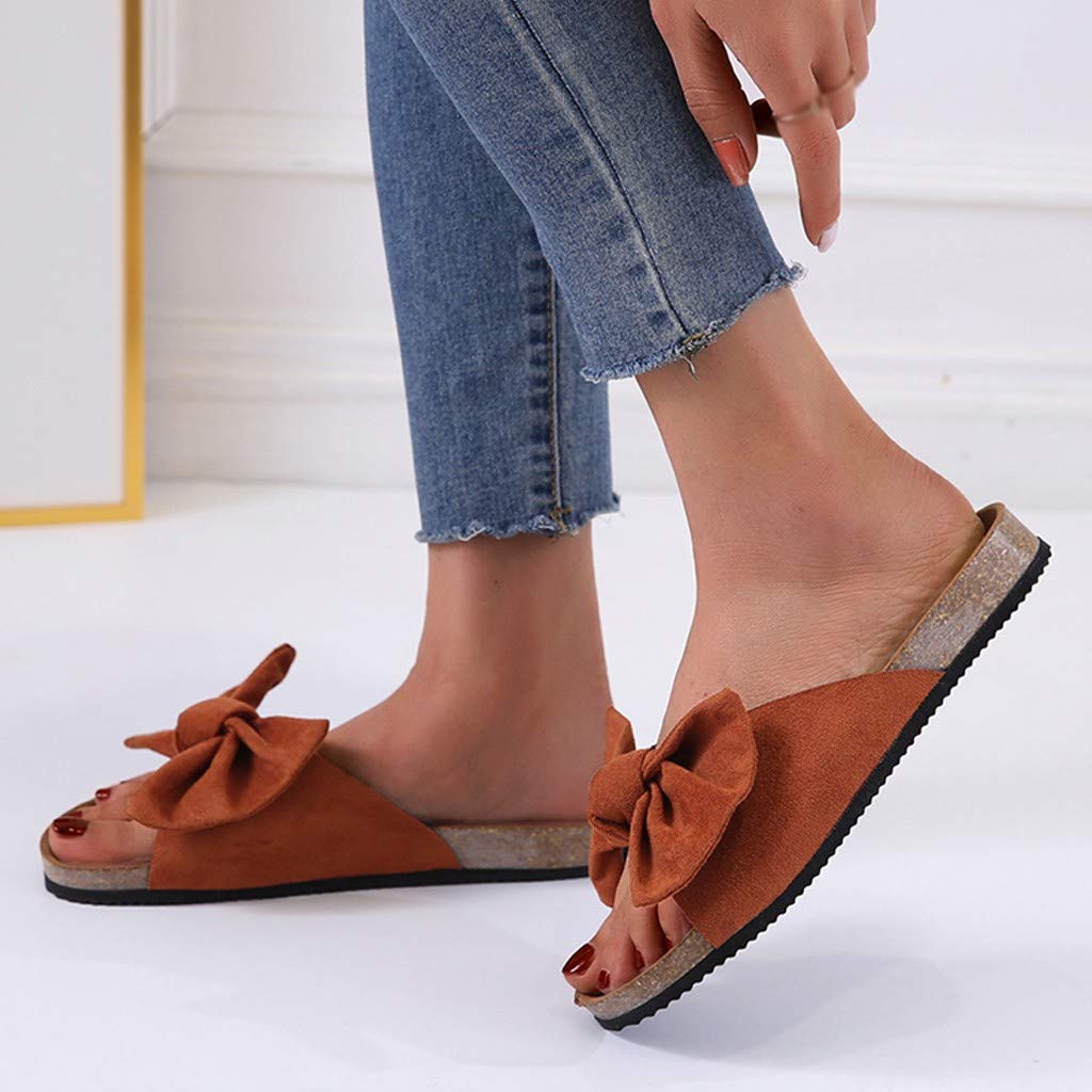 Women's Flat Slide Sandals with Cork Sole & Cute Knot Bow - Comfortable Canvas Summer Sandals for Beach, Pool, and Casual Outings