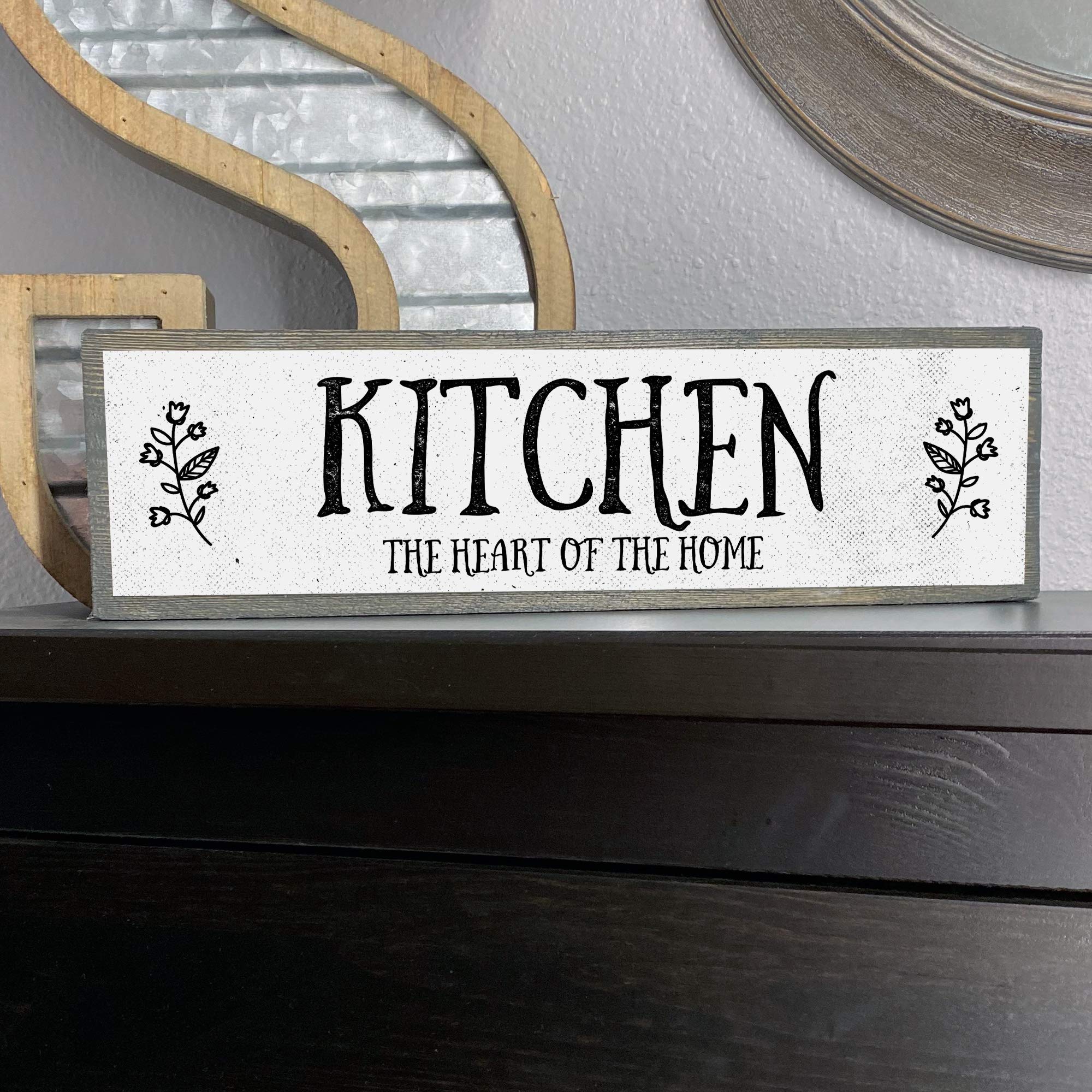 Kitchen Wood Signs - Medium Size Wood & Metal Wall Decor - 'Kitchen The Heart Of The Home' - Perfect for Farmhouse, Rustic & Modern Kitchens