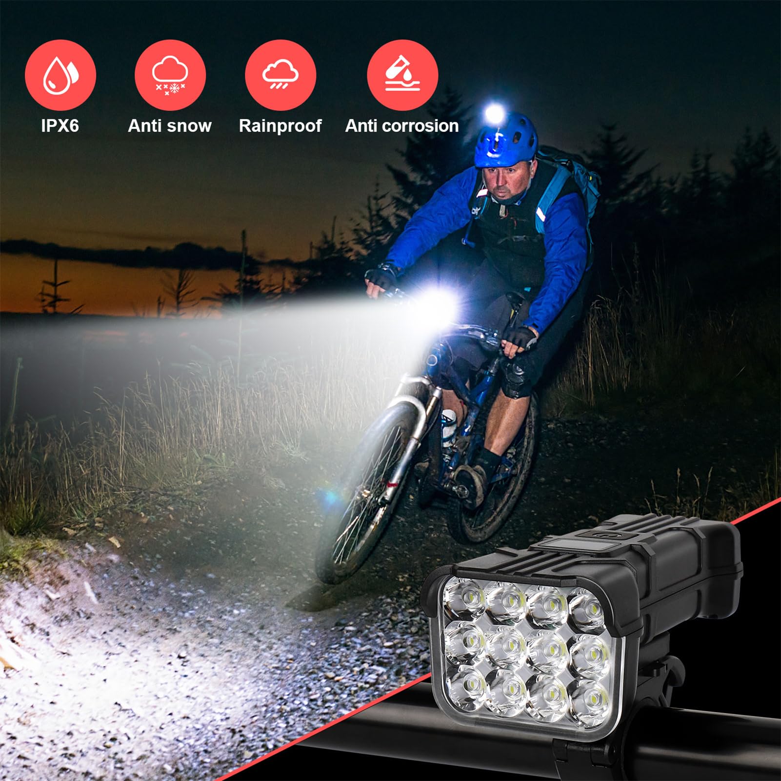 **9500 Lumen Rechargeable Bike Lights Set - Front & Rear Bicycle Lights with 5 Adjustable Modes, 12 LEDs for Night Riding & Cycling Safety**    *(Perfect for Night Commuting, Mountain Biking, and Urban Cycling - Stay Visible & Safe on Dark Roads!)*