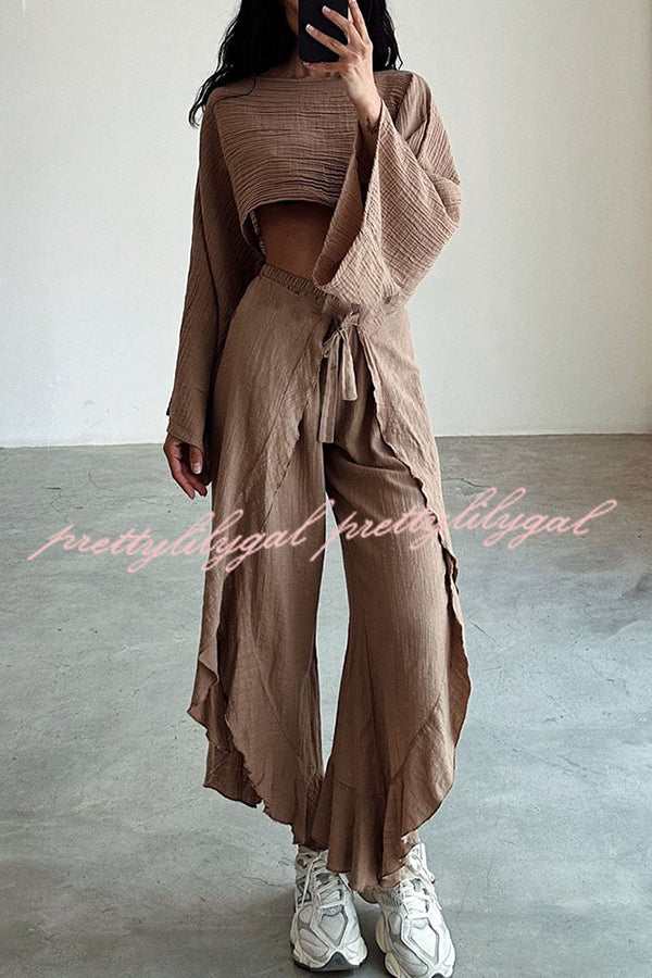 Stylish Linen Blend Crop Top & Elastic Waist Ruffle Pants Set - Perfect for Summer Outfits, Beach Vacations, and Casual Date Nights