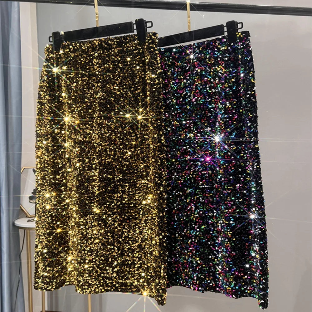 French High Waisted Slim Skirt for Women - Shiny Black Sequin Mid-Length Skirt with Side Split, Thickened Hip Design & All-Match Styling | Perfect for Parties, Date Nights & Evening Events
