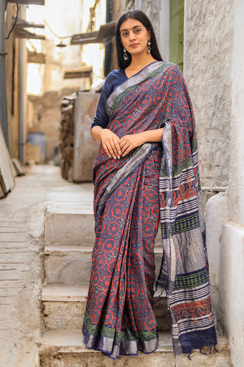Echelon Handblock Print Slub Cotton Saree – Traditional Indian Saree for Women, Handcrafted Cotton Saree for Parties, Weddings & Festive Occasions