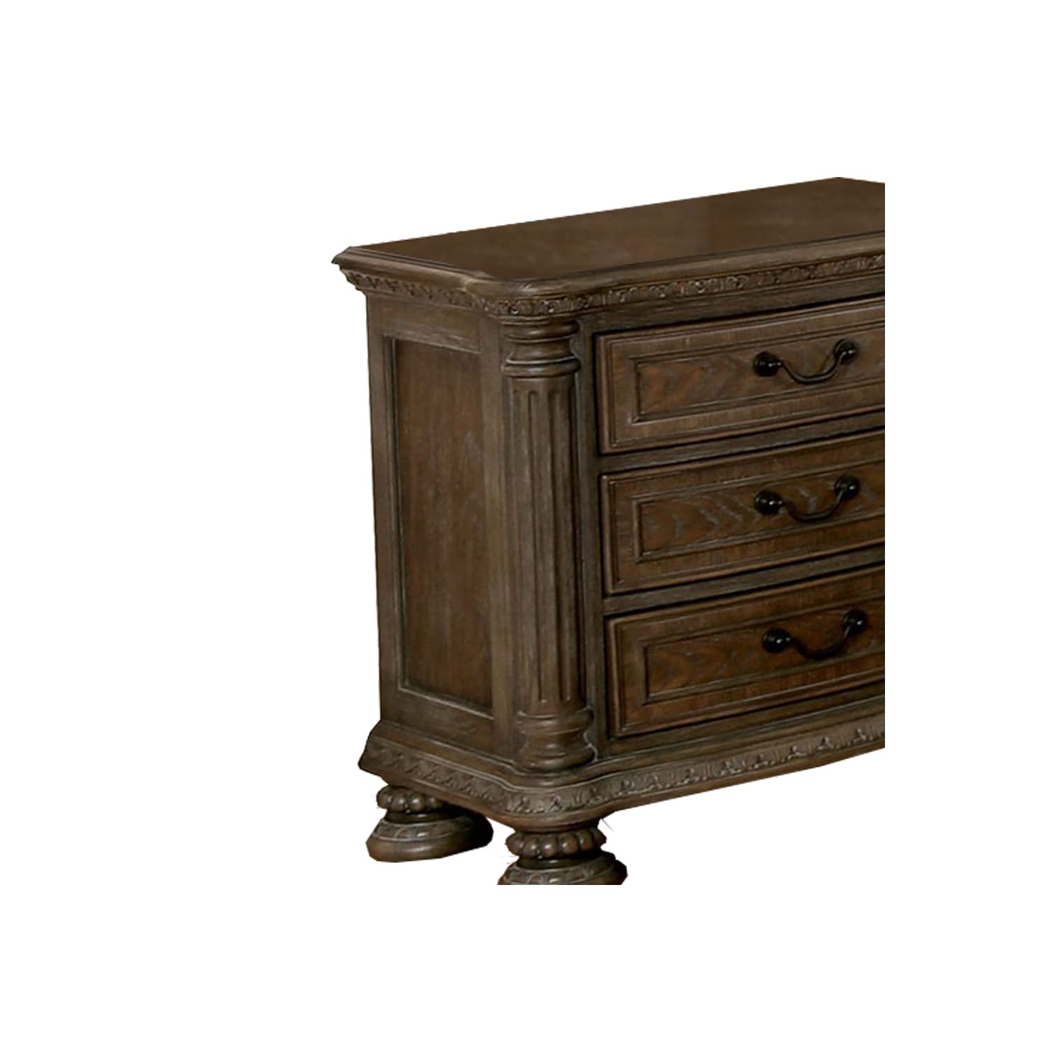 Benjara Brown Wooden Nightstand with 3 Drawers & Intricate Carvings - Rustic Bedroom Side Table for Bedside Storage & Home Decor