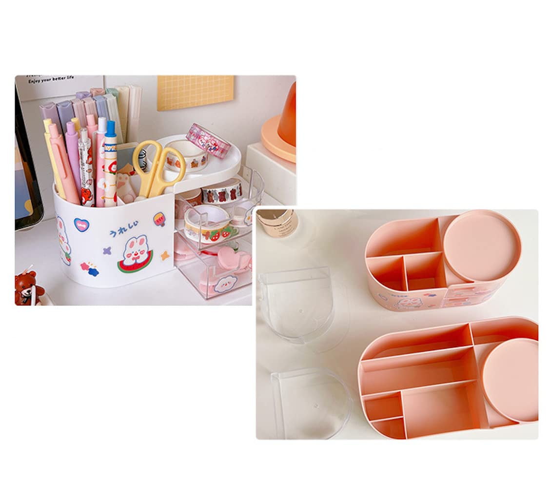 Cute Pink Kawaii Desk Organizer with Drawers & Stickers - 7.1x3.6x3.6 Inches School Stationery Storage for Teen Girls - Perfect for Dorm Room, Bedroom & Makeup Organization | DIY Fun Accessories for Home & Office