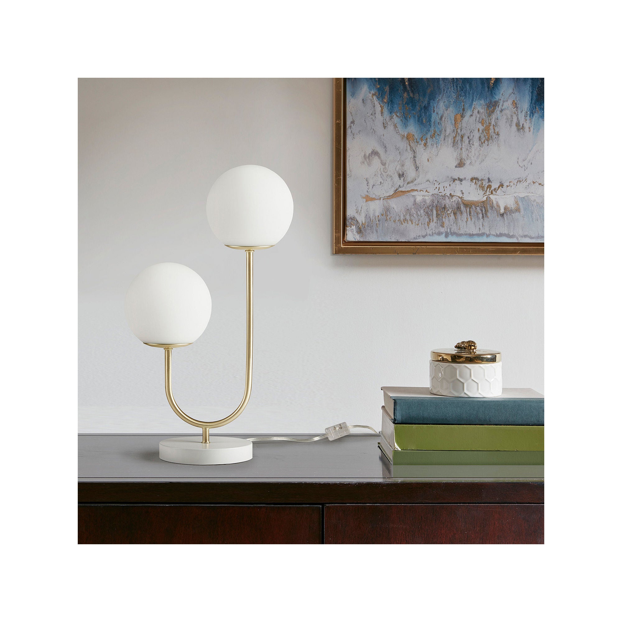 510 Design Zusa 2-Light Globe Metal Table Lamp in Gold & White - Modern Home Office & Bedroom Lighting Decor