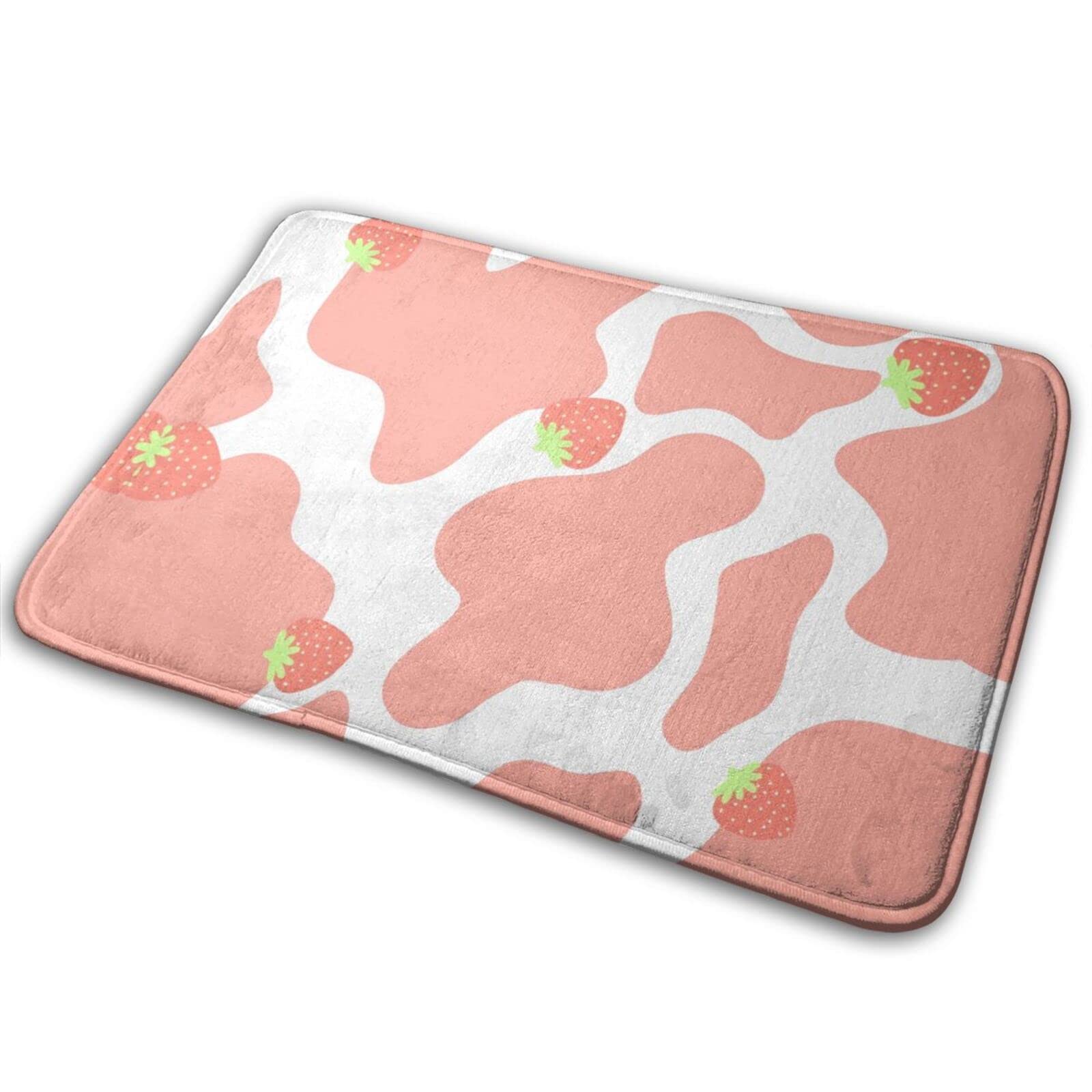 Strawberry Cow Print Pink Bath Mat - 15.7x23.5 Inch Non-Slip Plush Velvet Bathroom Rug | Water Absorbent Cute Bathtub Mat for Girls, Teens & Women | Perfect for Bathroom Decor, Shower Mats & Cozy Home Accessories