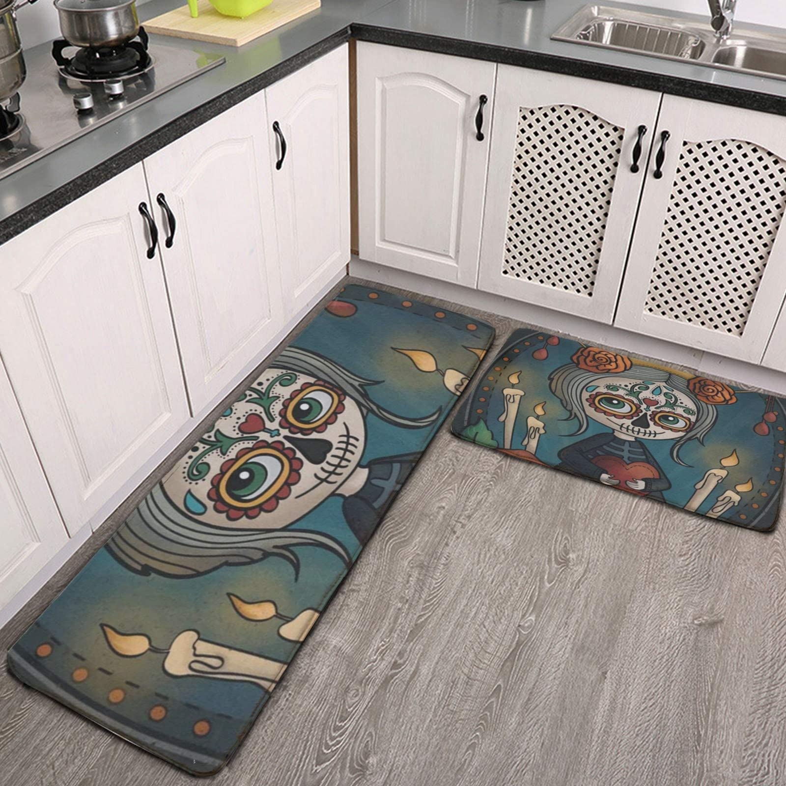 FWUAS Non-Slip Kitchen Rug and Mat Set of 2 - Day of The Dead Design, Rubber Backing Washable Floor Mats for Kitchen, Entryway, and Bathroom - Perfect for Home Decor and High Traffic Areas