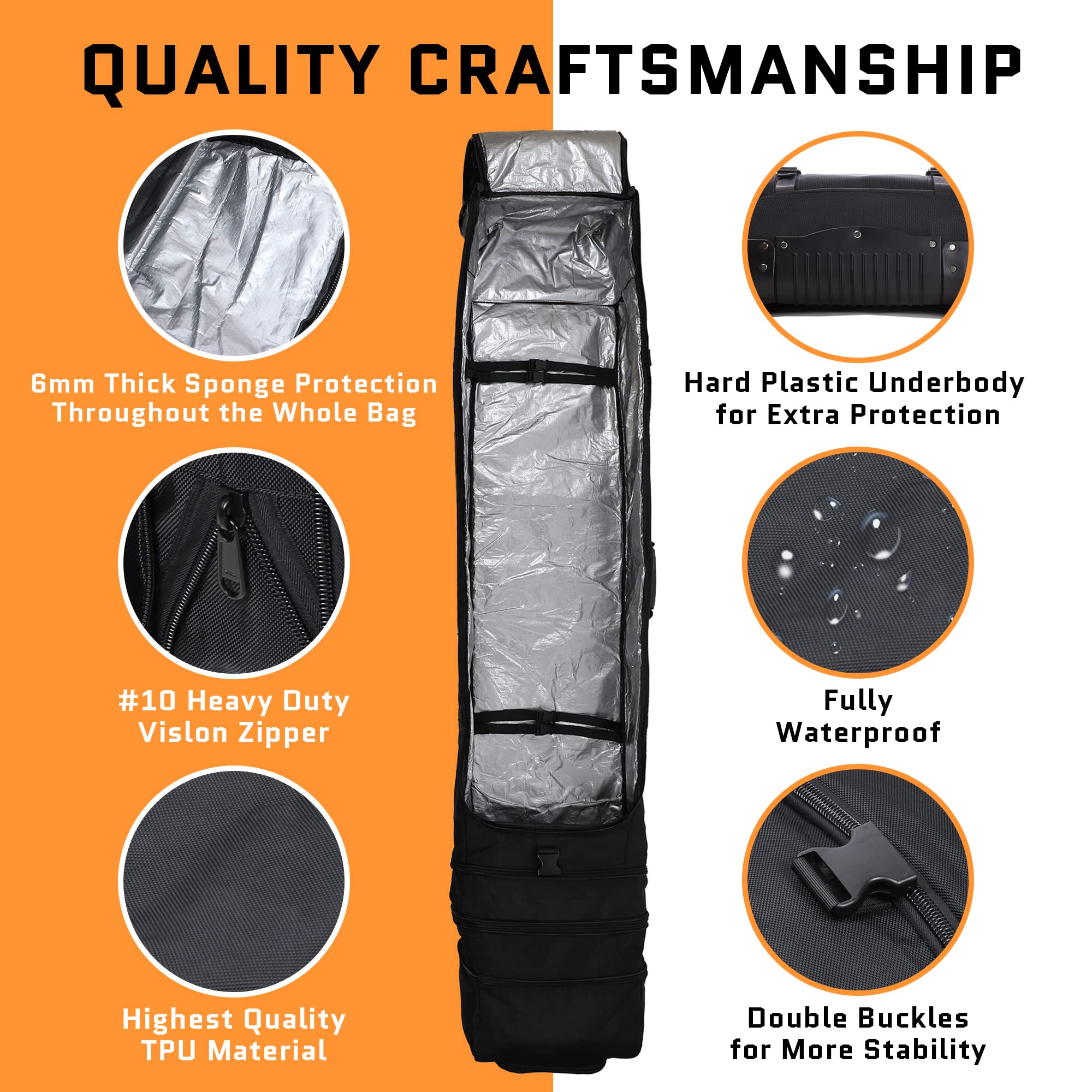**Waterproof Snowboard Bag with Wheels for Air Travel - Adjustable Fit 150cm-170cm, Roll-Up Design for Easy Storage | Perfect for Snowboarding Trips & Gear Protection**