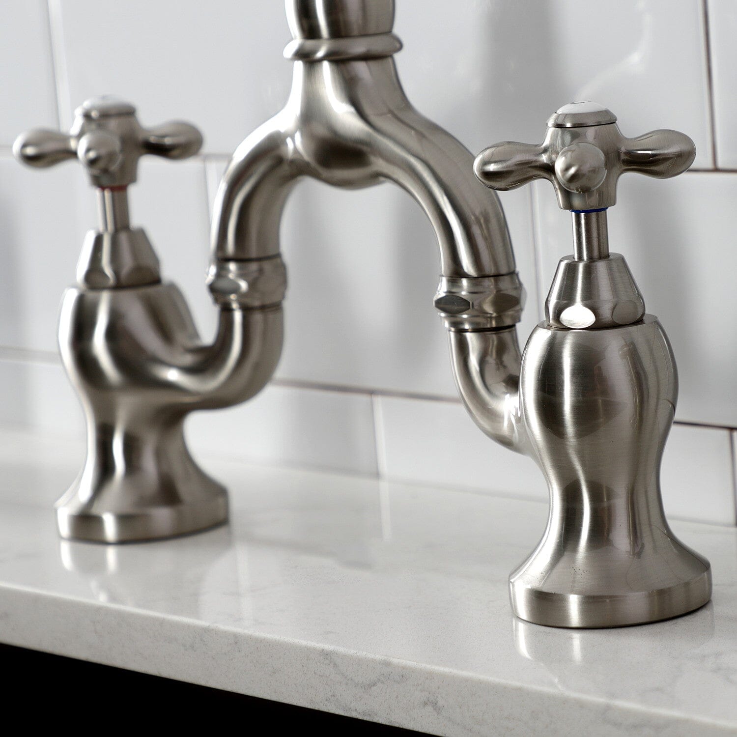 English Country Style Two-Handle 3-Hole Deck Mount Bridge Kitchen Faucet with Brass Side Sprayer - Perfect for Farmhouse, Cottage & Vintage Style Kitchens