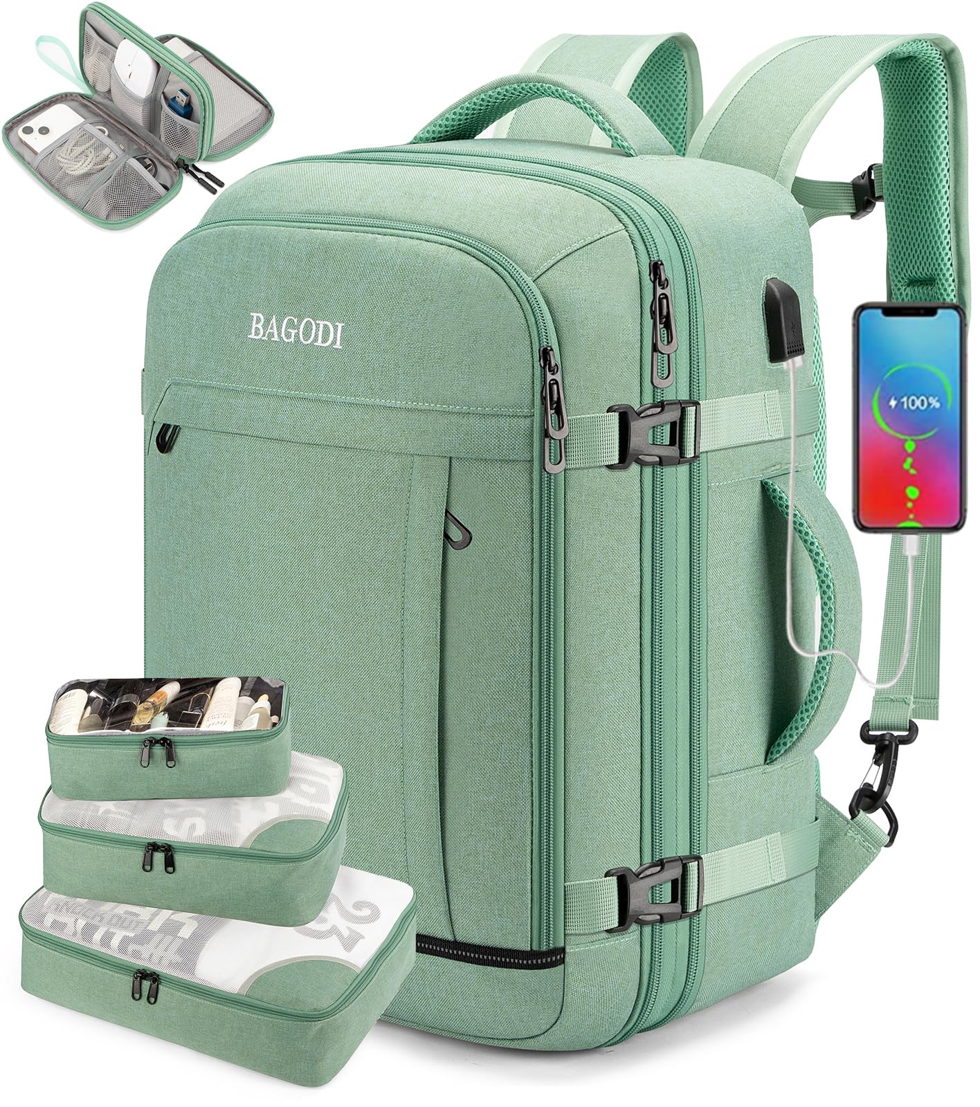 BAGODI 42L Flight Approved Travel Backpack with Laptop Compartment & Packing Cubes for Business Travel