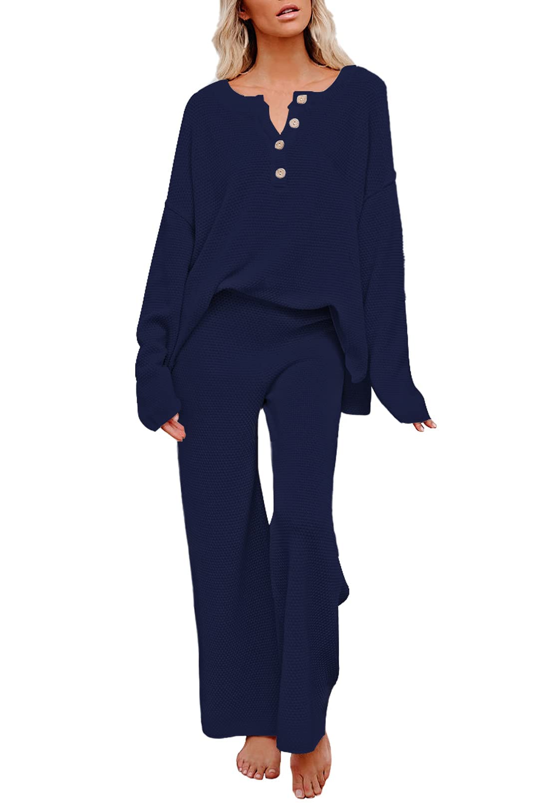 Viottiset Women's 2-Piece Sweatsuit Set - Soft Knit Long Sleeve Sweater & Wide Leg Lounge Pants - Cozy Loungewear Outfit for Home, Yoga & Casual Wear