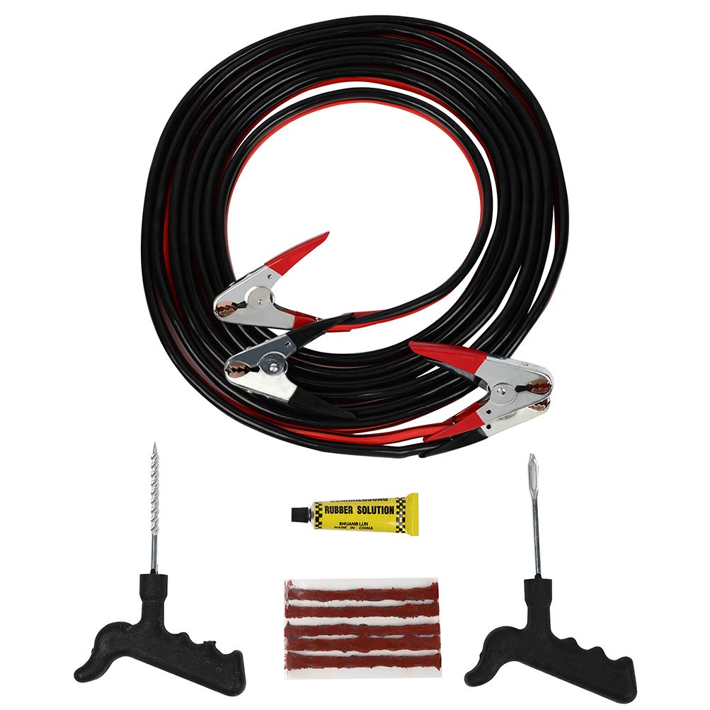 Heavy Duty 1 Gauge 30FT Jumper Cables for Car Battery - Emergency Booster Cable with Tire Repair Kit for Trucks, SUVs, Farm Equipment & Diesel Vehicles - Perfect for Roadside Emergencies and Vehicle Maintenance