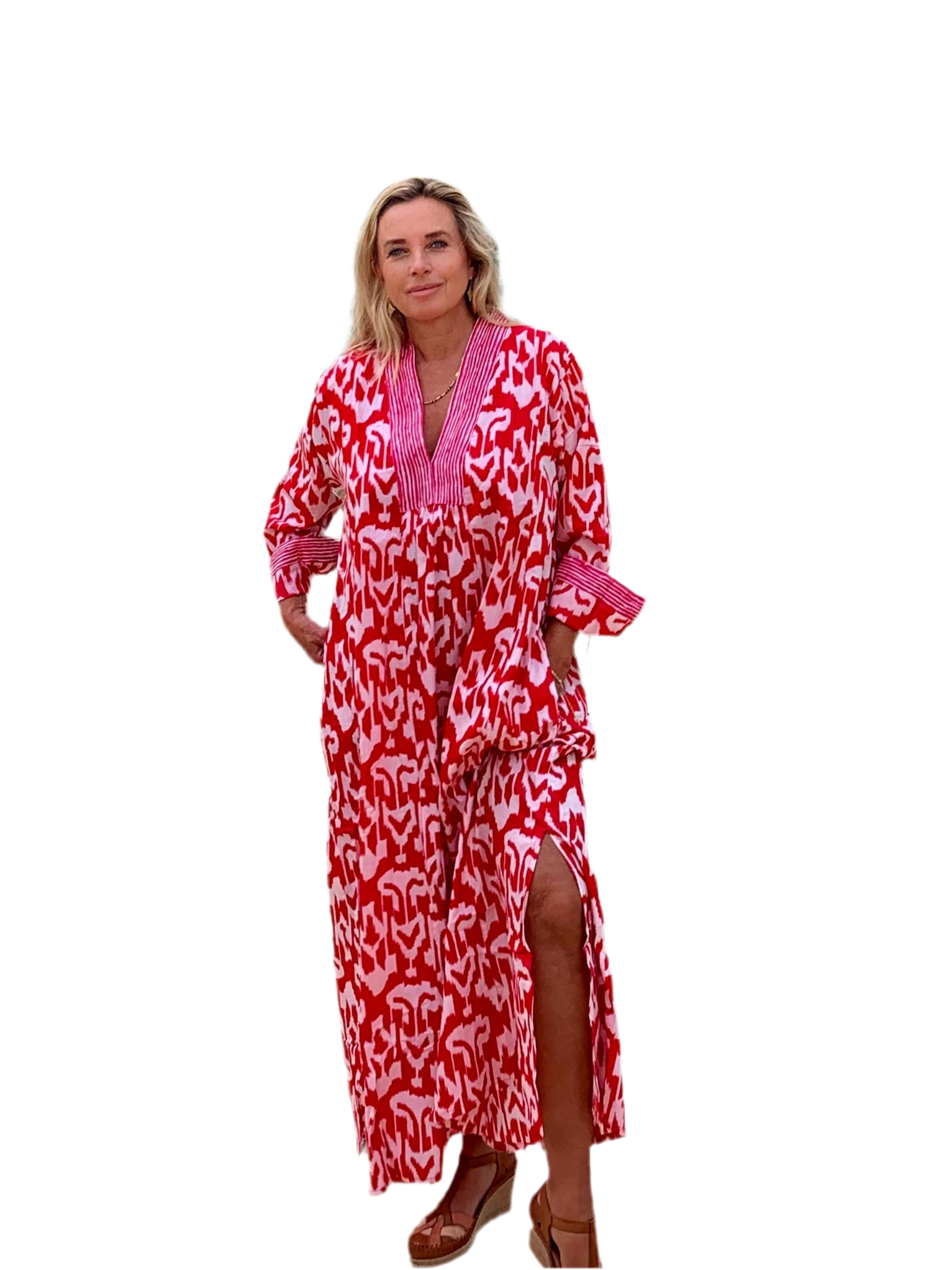 Boho Ikat Red Long Tunic - Stylish Flowy Women's Top for Casual Wear, Beach Cover-Up, and Festival Outfits