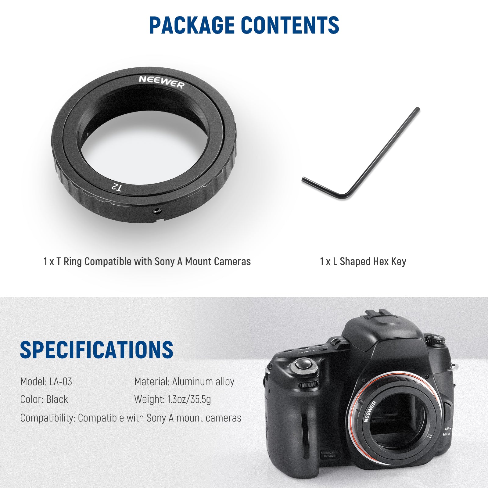 NEEWER LA 03 T-Mount Adapter Ring for Sony A-Mount Cameras & Telescopes - Compatible with DSLR, Mirrorless & Astronomy Photography