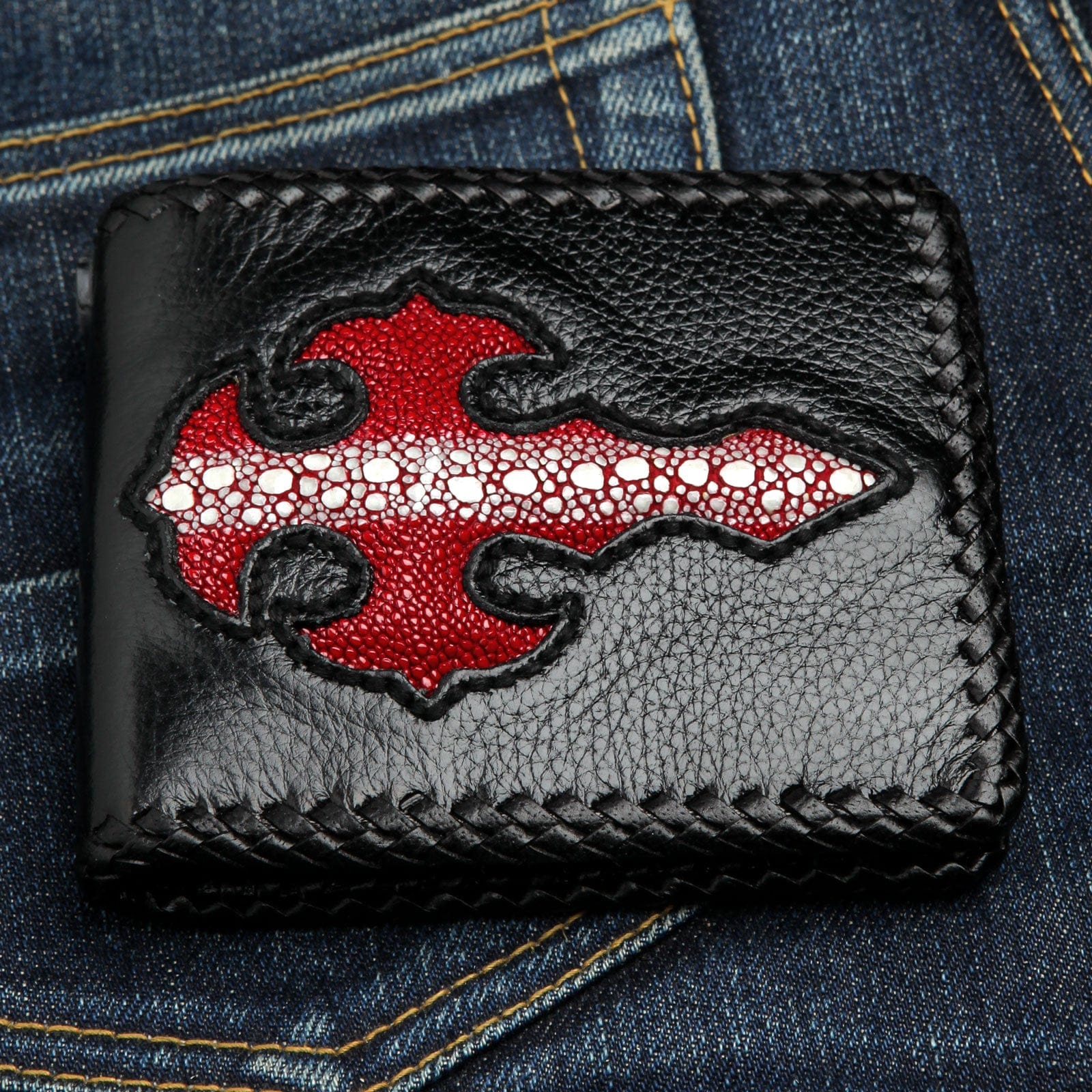 Premium Red Cross Stingray Leather Biker Wallet for Men - Durable RFID Blocking Motorcycle Wallet - Perfect for Bikers, Travel & Everyday Use