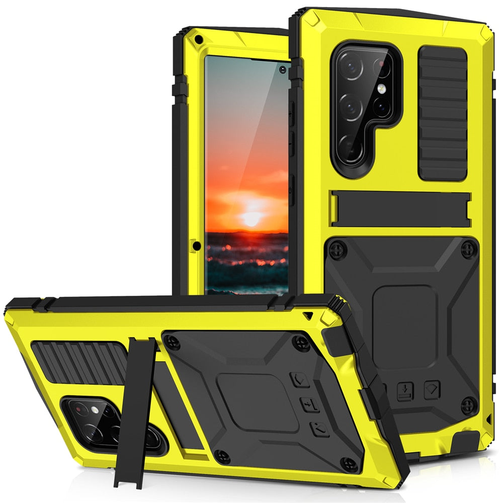Samsung Galaxy S22 Ultra Aluminum Metal Case with Kickstand - Shockproof Gorilla Glass Protection for Work, Travel & Outdoor Activities