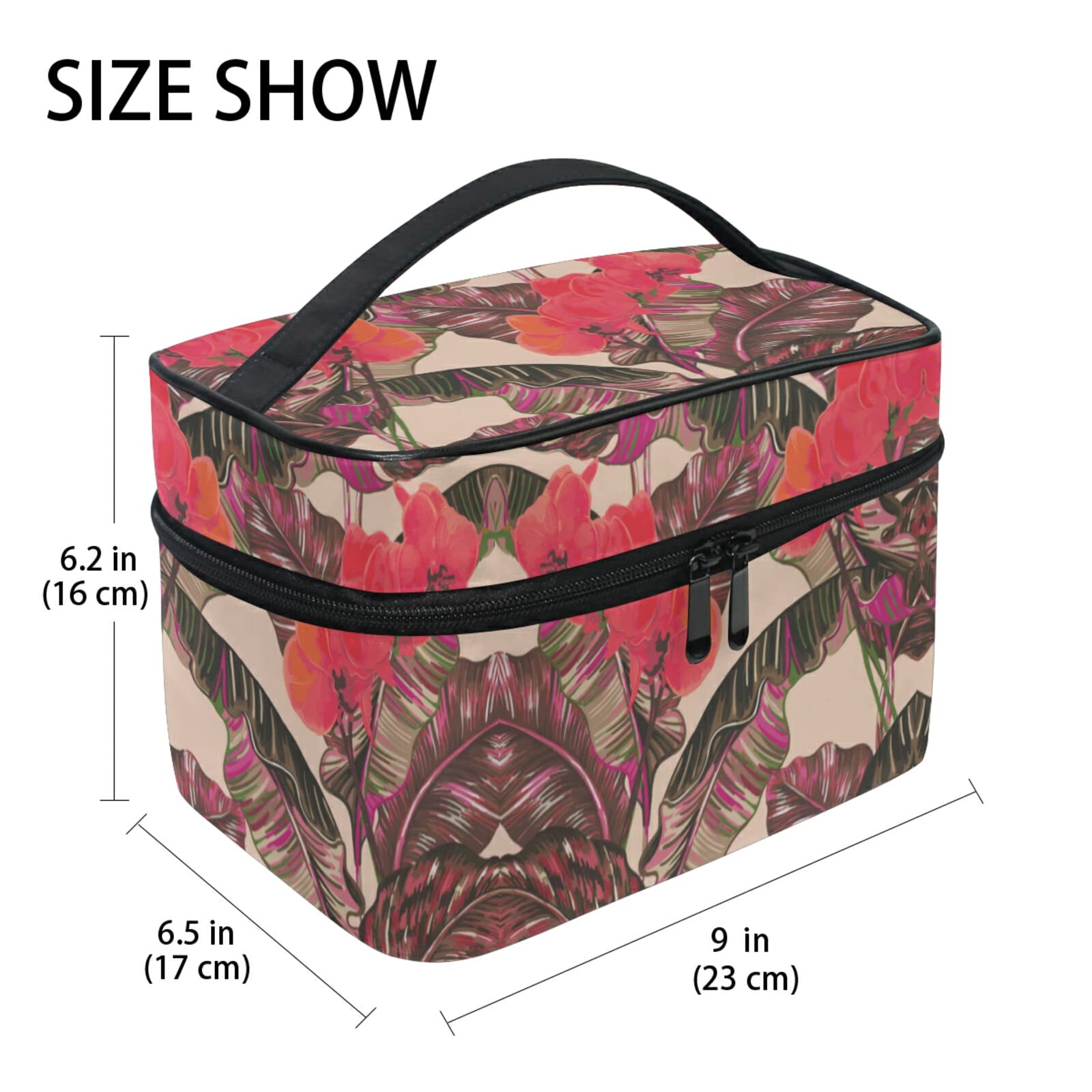 Pink Leaf Floral Cosmetic Bag for Women - Waterproof Makeup Organizer with Zipper - Perfect for Travel, Gym, and Daily Essentials Storage